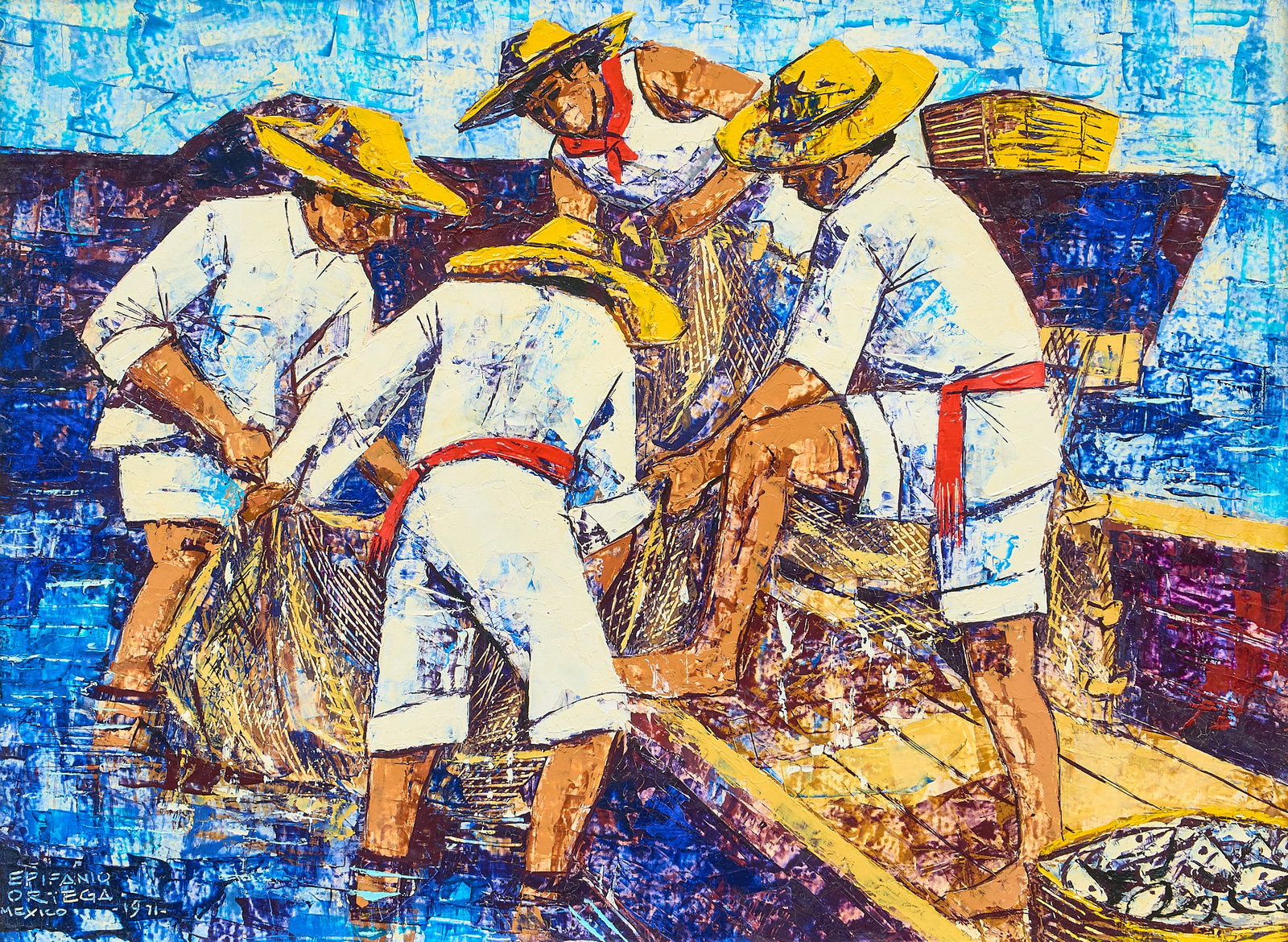 Epifanio Ortega, Fishermen Scene, 1971: Epifanio Ortega (Mexico, 20th C.), modernist style scene of fishermen at the docks, oil on masonite, signed and dated lower left, 1971 sight: 10 x 14 in., frame: 15 x 19 in. Provenance: Property