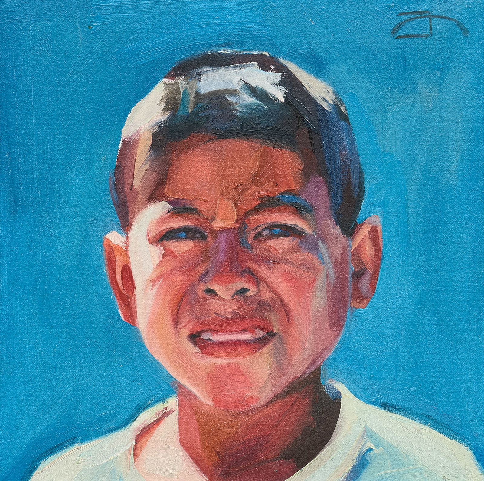 Portrait of a Young Boy: Portrait of a young expressive boy, oil on canvas, signed upper right with monogram sight: 13.5 x 13.5 in., frame: 18 x 18 in. Provenance: The Estate collection of late teacher and humanitarian Dougla