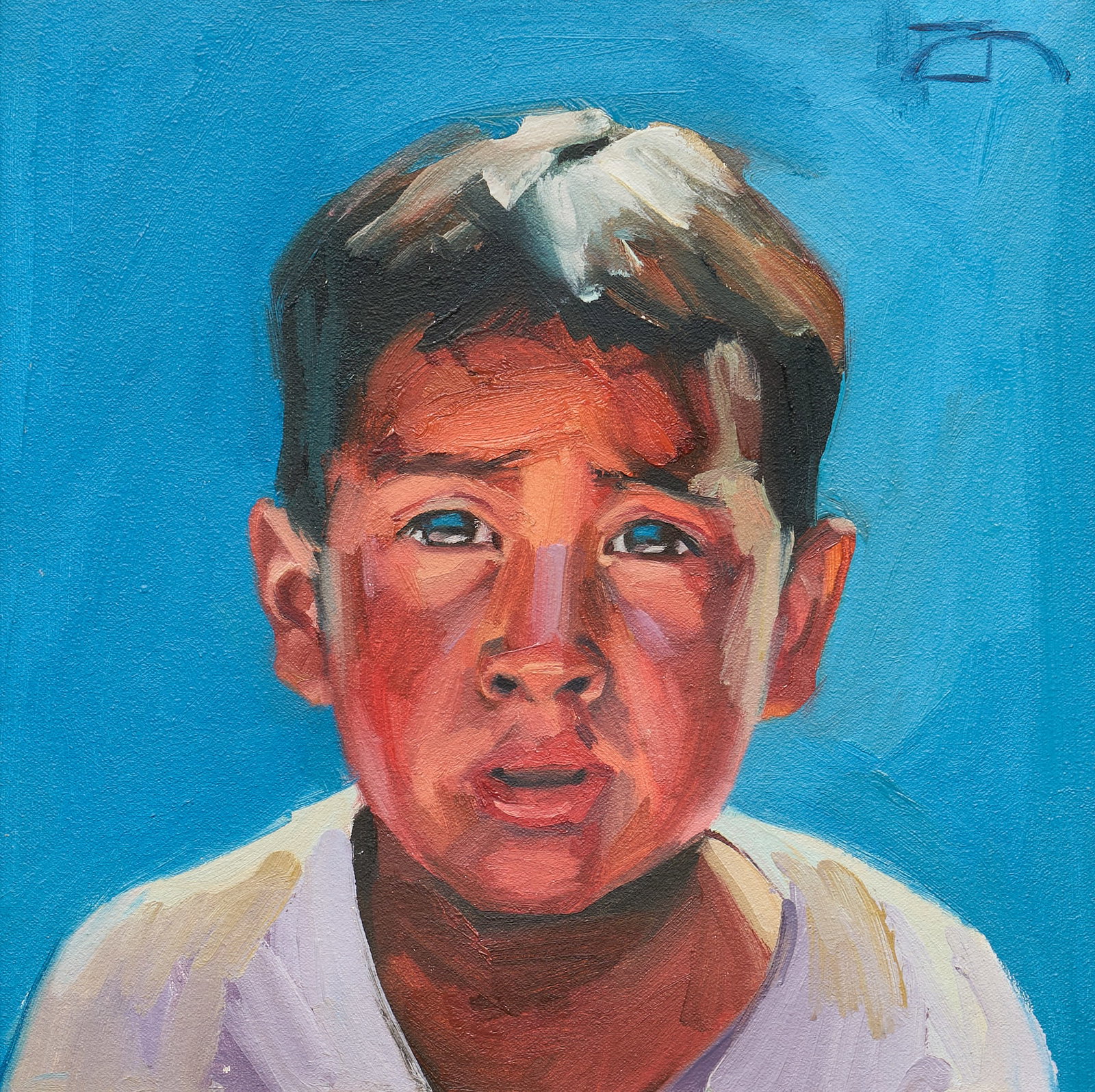 Portrait of a Young Boy: Portrait of a young expressive boy, oil on canvas, signed upper right with monogram sight: 13.5 x 13.5 in., frame: 18 x 18 in. Provenance: The Estate collection of late teacher and humanitarian Dougla