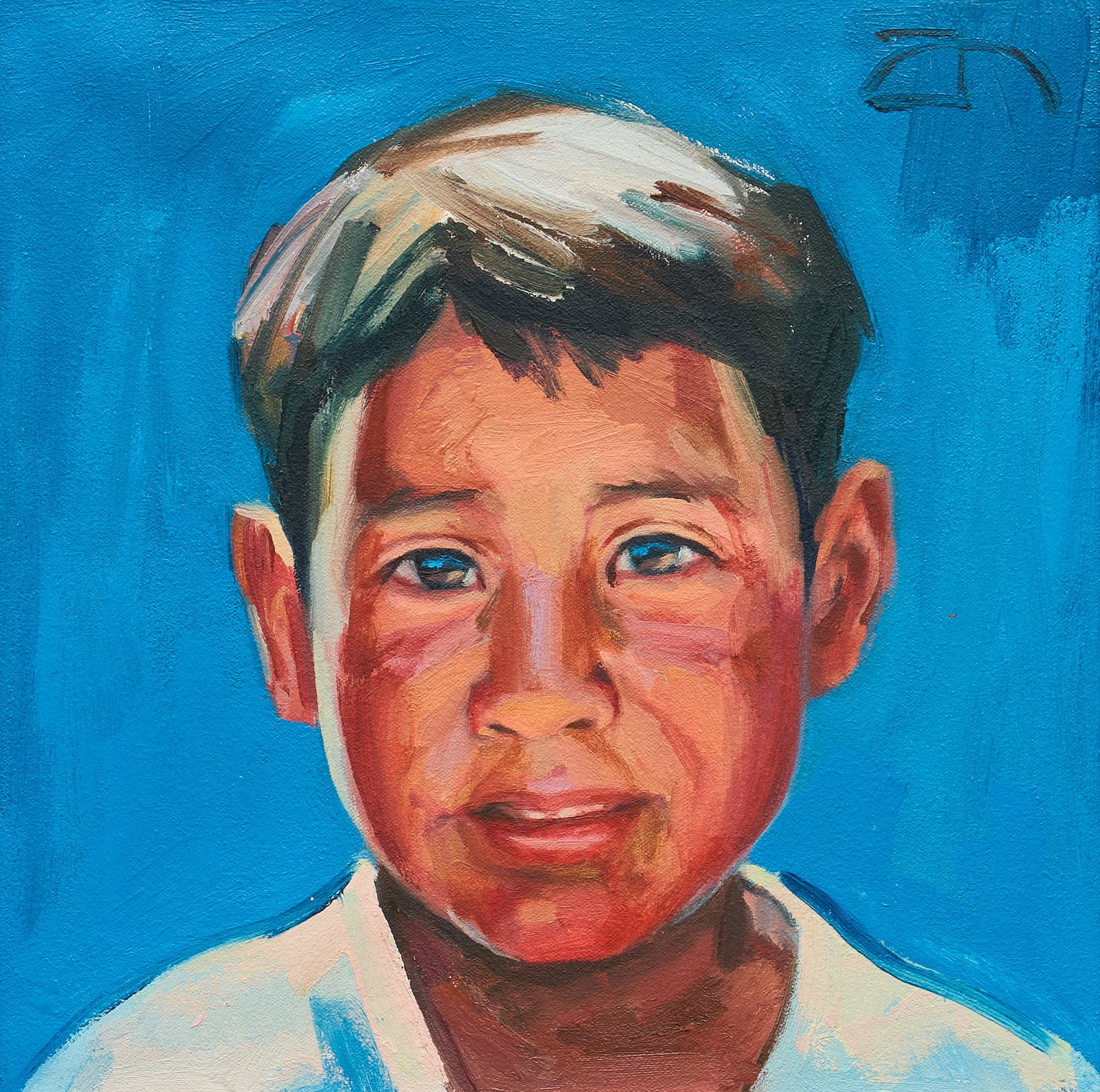 Portrait of a Young Boy: Portrait of a young expressive boy, oil on canvas, signed upper right with monogram sight: 13.5 x 13.5 in., frame: 18 x 18 in. Provenance: The Estate collection of late teacher and humanitarian Dougla