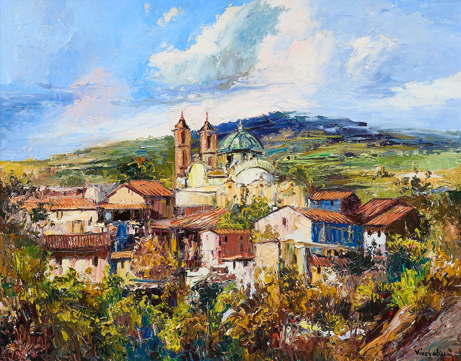 Jose Vives-Atsara, View of Taxco: Jose Vives-Atsara (Spain / San Antonio, Texas, 1919-2004), view of the Church of Santa Prisca de Taxco in Mexico, oil on masonite, signed lower right sight: 24 x 30 in., frame: 31 x 37 in. P