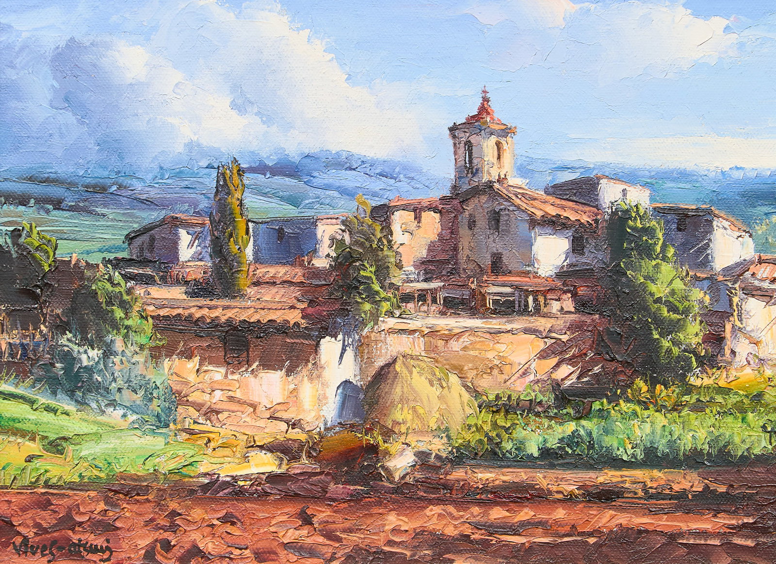 Jose Vives-Atsara, "Village in Catalonia", 1978: Jose Vives-Atsara (Spain / San Antonio, Texas, 1919-2004), "Village in Catalonia", oil on canvas, inscribed on the verso with inventory code #00-1-7587, size, title, signature, and