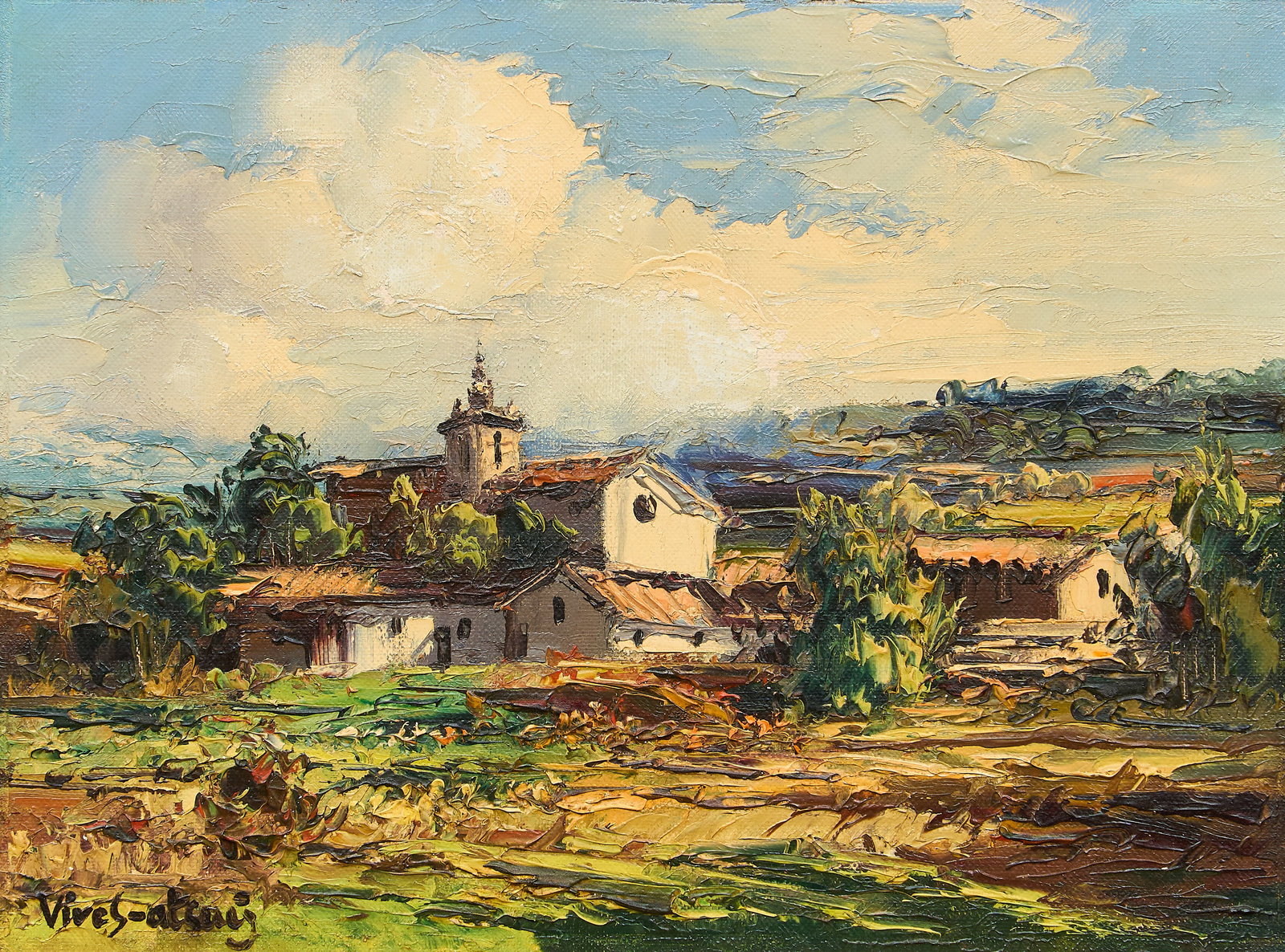 Jose Vives-Atsara, "Countryside", 1969: Jose Vives-Atsara (Spain / San Antonio, Texas, 1919-2004), "Countryside", Spain, oil on canvas panel, inscribed on the verso with inventory code #873, size, title, signature, and d