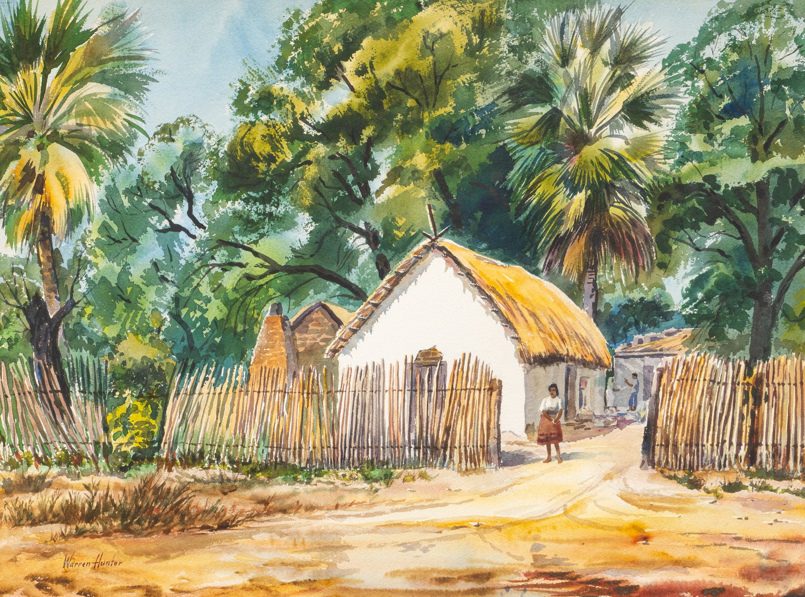 Warren Hunter, "Adobe and Thatch": Warren Hunter (San Antonio, Texas, 1904-1993), "Adobe and Thatch (Mexico)", watercolor on watercolor paper, signed lower left, circa 1973 Exhibited: Label affixed to the verso from