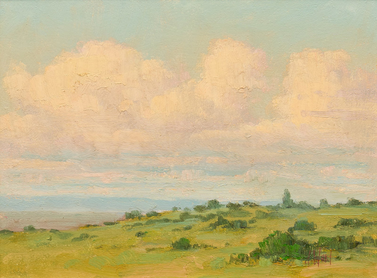 Don Ward, Landscape: Don Ward (New Mexico, b. 1947), landscape with lush hillside and distant mountains, oil on masonite, signed lower right sight: 9 x 12 in., frame: 16 x 18.5 in. Provenance: The Estate collection of lat