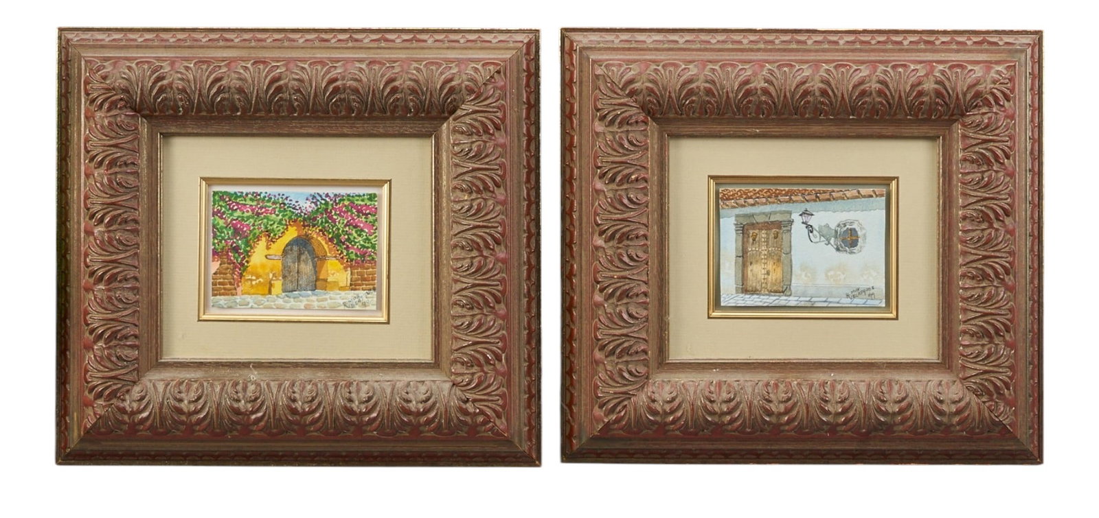 (2) R. Velasquez Watercolors: Two original watercolor paintings by R. Velasquez, both signed at lower right and dated 1999, framed by John Scott (Austin, Texas) frame: 12 x 12 in. / each Provenance: The Estate collection