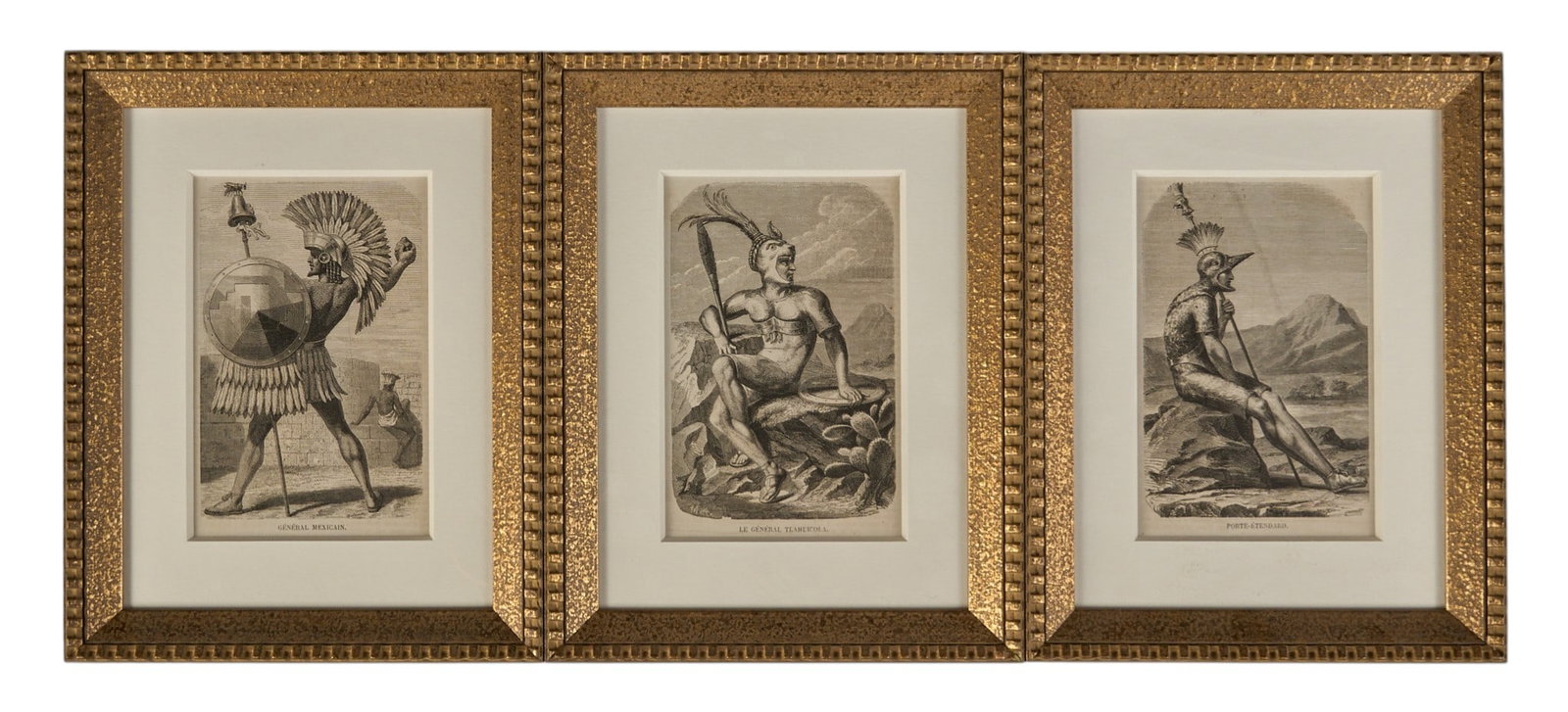 (3) Framed Classical Prints: Set of three framed black and white prints depicting Aztec figures in classical style, framed and matted by John Scott (Austin, Texas) under museum glass height 10 in. x width 8 in. x depth 1 in.