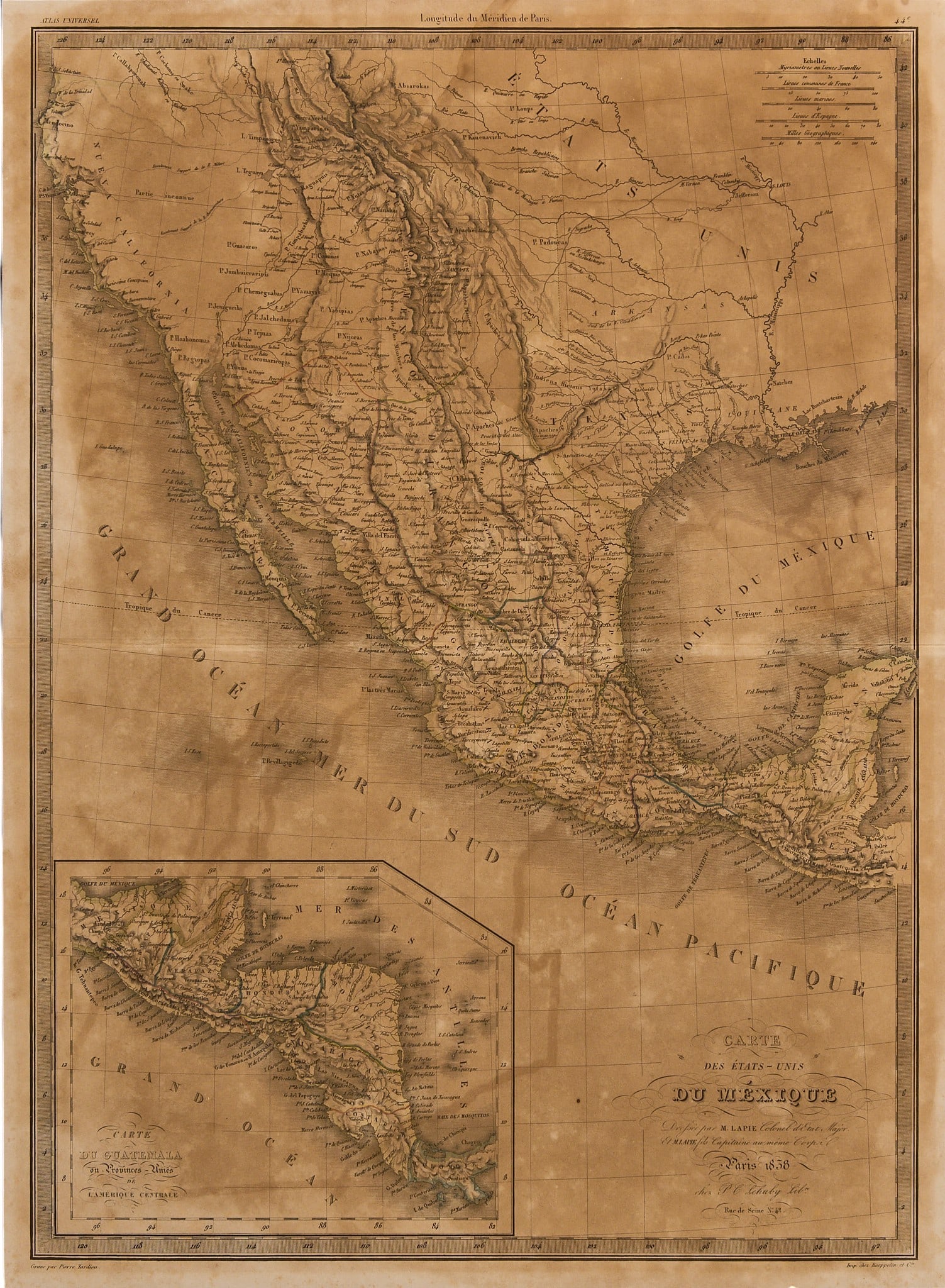 Framed Map of 1838 Mexico: Framed French map of 1838 Mexico Dimensions 31 in. x width 25 in. x depth 1.5 in. Provenance: Property from a home in San Antonio, Texas