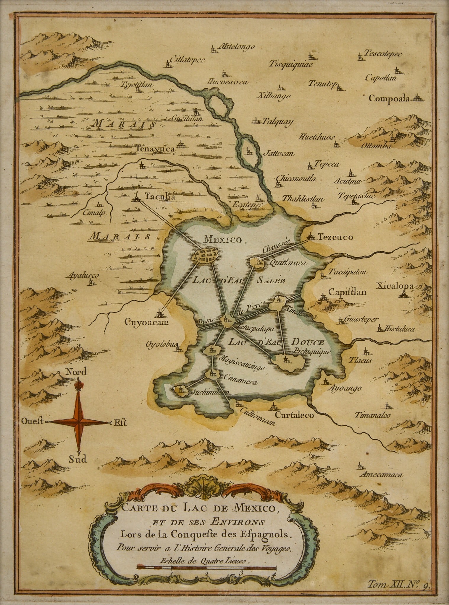Map of the Lake of Mexico: Vintage French map of Mexico, framed and matted by John Scott (Austin, Texas) under museum glass height 16.25 in. x width 14 in. x depth 1.5 in. Provenance: The Estate collection of la