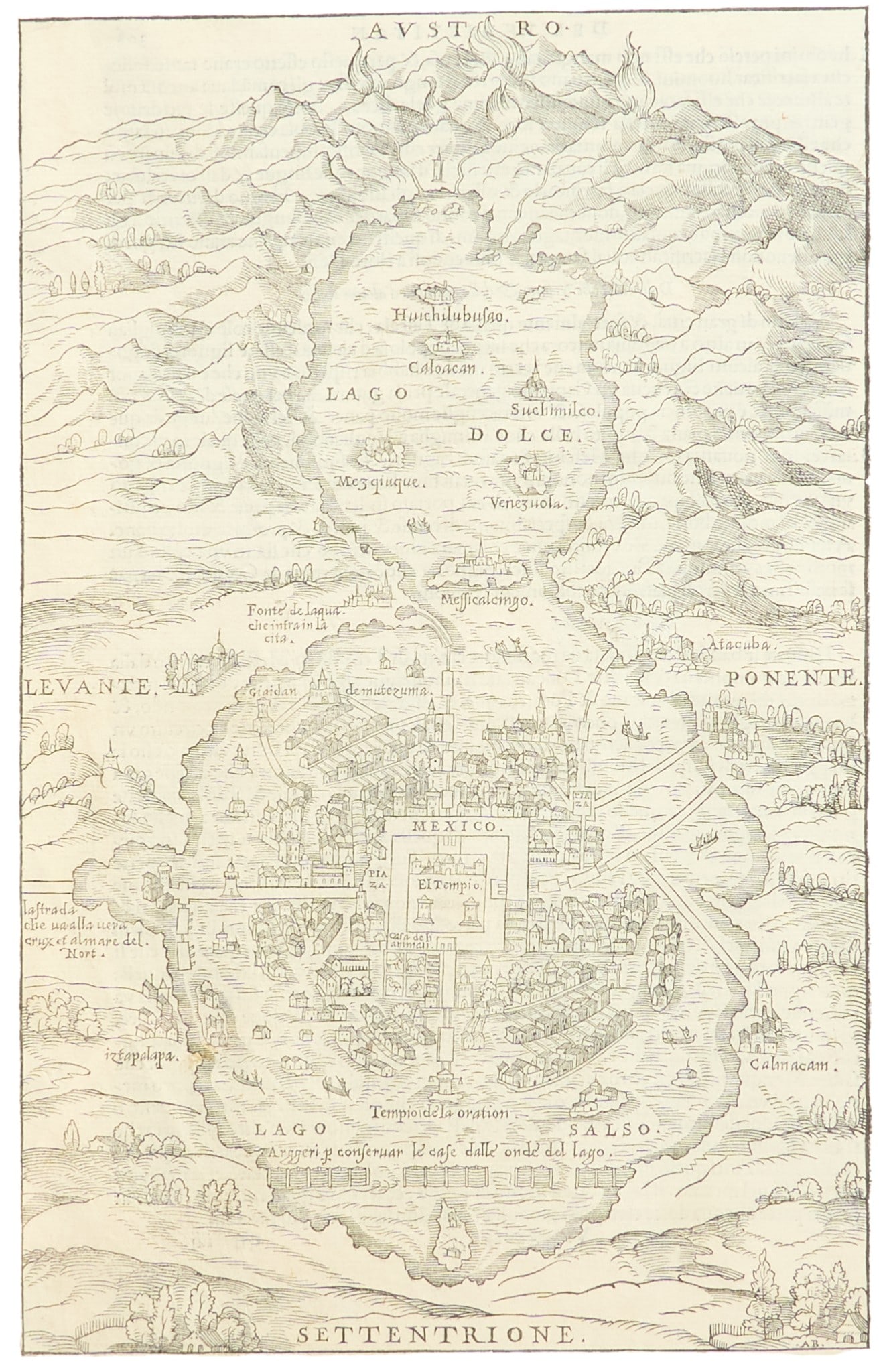 Woodcut Print Map of Mexico City (Tenochtitlan): Woodcut print depicting map of Mexico City (Tenochtitlan) from Giovanni Battista Ramusio's Delle Navigationi et Viaggi, published in the mid-16th century, framed and matted by John