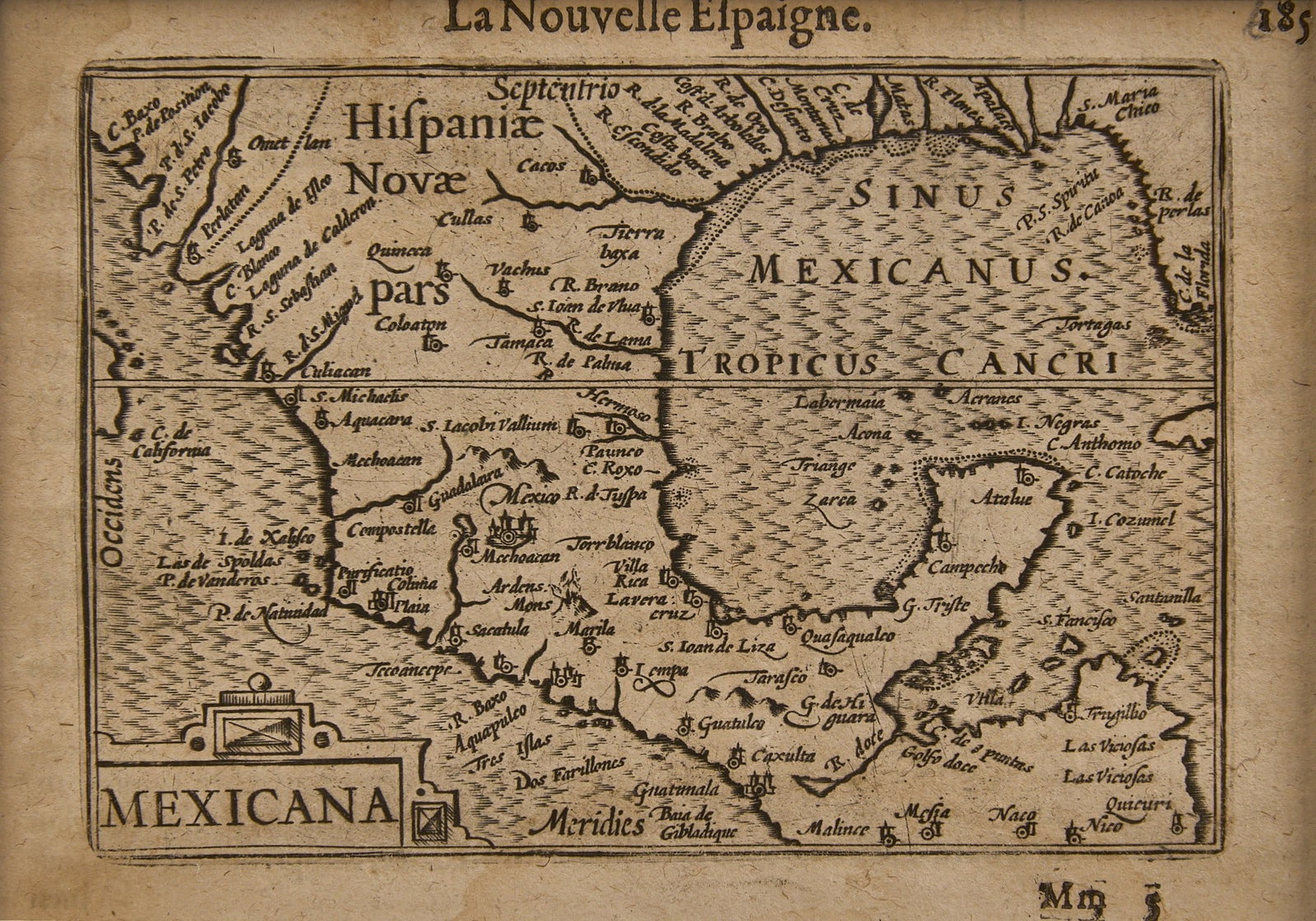 Antique La Nouvelle Elpaigne Map: Antique La Nouvelle Elpaigne map depicting the Gulf of Mexico and surrounding regions during the Spanish Colonial era, framed and matted by John Scott (Austin, Texas) under museum glass
