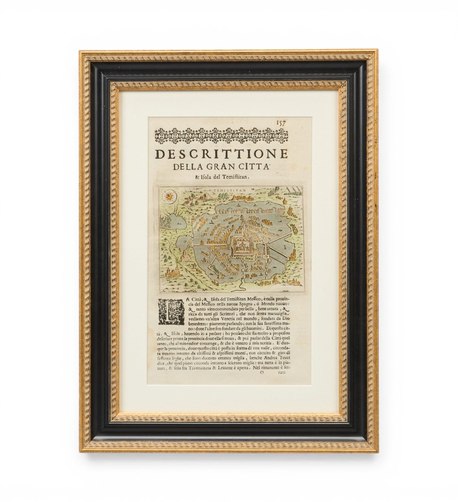 Framed Great City of the Island of Temiftiran Text: Framed historical text titled "DESCRITTIONE DELLA GRAN CITTA di Isola del Temiftiran" (Description of the Great City of the Island of Temiftiran), framed and matted by John Scott (Austi
