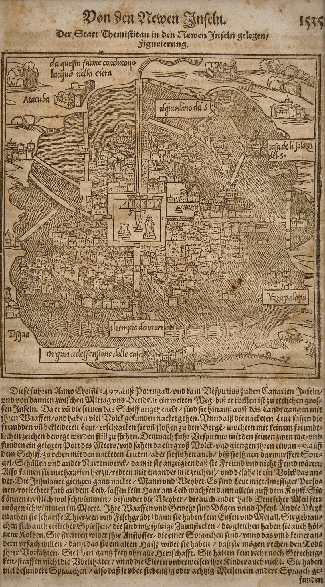 Tenochtitlan Woodcut Print: Antique woodcut print depicting the Aztec city of Tenochtitlan ("Themistitan") located in the "New Islands" (the Americas), framed and matted by John Scott (Austin, Texas