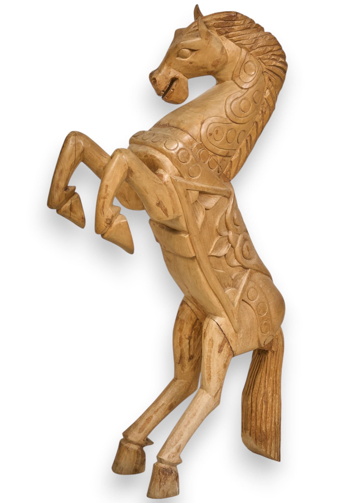 Large Mexican Carved Wooden Horse Sculpture: Large Mexican carved wooden horse sculpture, depicting a rearing horse with carved details height 44 in. x width 44 in. x depth 11 in. Provenance: Property from the home of a San Antonio, Texas i