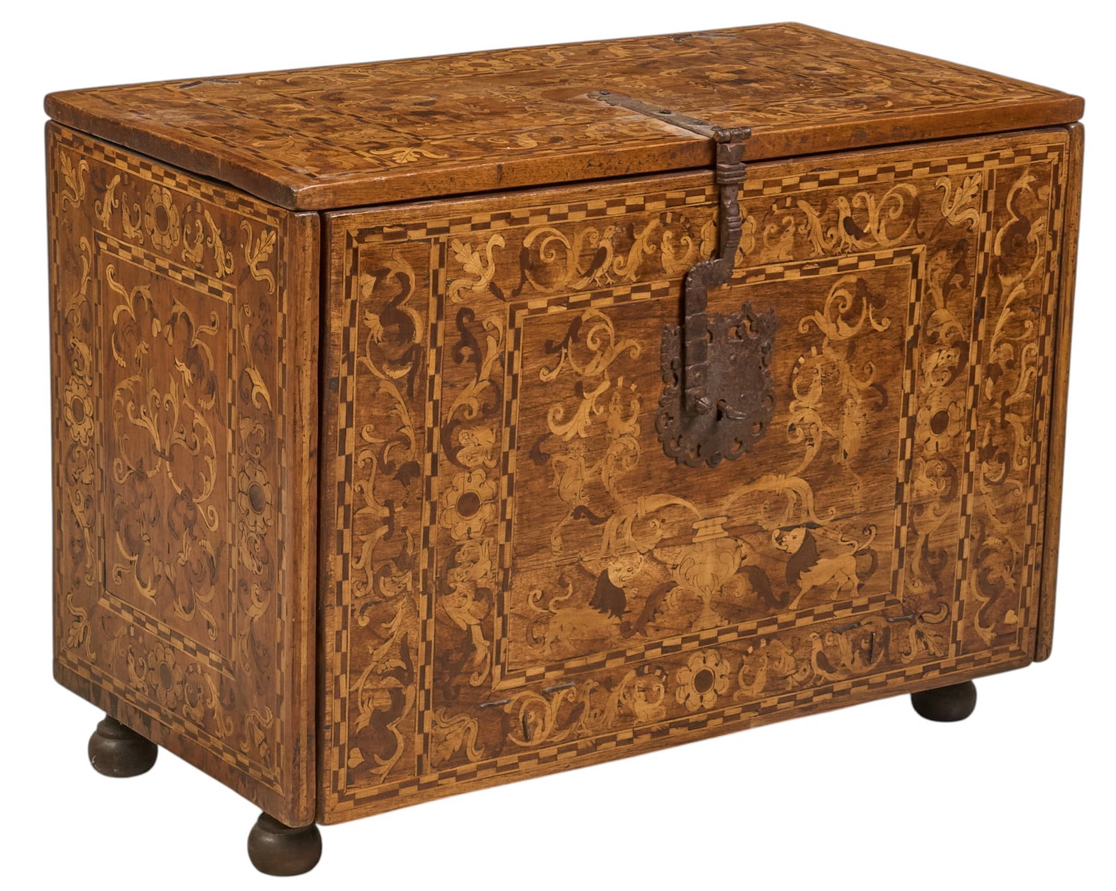 Antique Spanish Colonial Style Marquetry Chest: Antique hand-made Spanish Colonial style marquetry chest with wrought iron locking mechanism and fitted interior storage, supported on bun feet, circa 18th to 19th century height 20 in. x width 28 in.