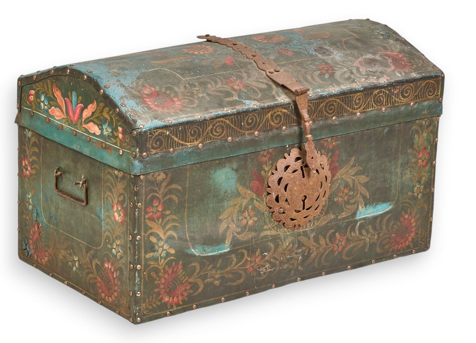 Painted Antique Mexican Trunk: Antique Mexican trunk with painted floral designs and metal hardware height 16.5 in. x width 29 in. x depth 17 in. Provenance: Property from a home in Austin, Texas