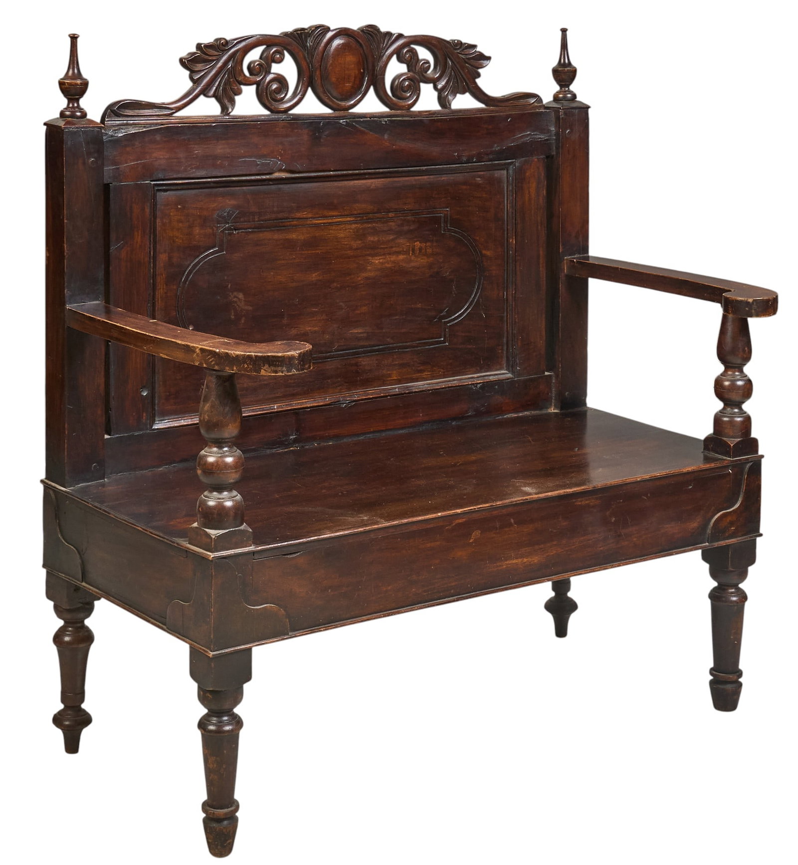 Vintage Spanish Style Bench: Vintage Spanish style bench with turned and carved details height 44.5 in. x width 42 in. x depth 22.5 in. Provenance: Property from a home in Austin, Texas