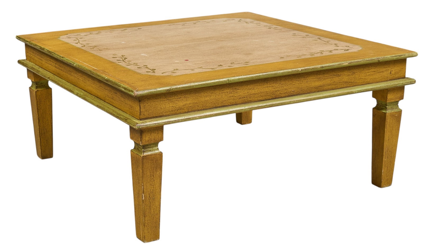 Mexican Coffee Table: Vintage Mexican coffee table, painted wood, marked "Hecho en Mexico" underneath, circa mid-20th centuryheight 18 in. x width 39 in. x depth 39 in. Provenance: Property from the home of