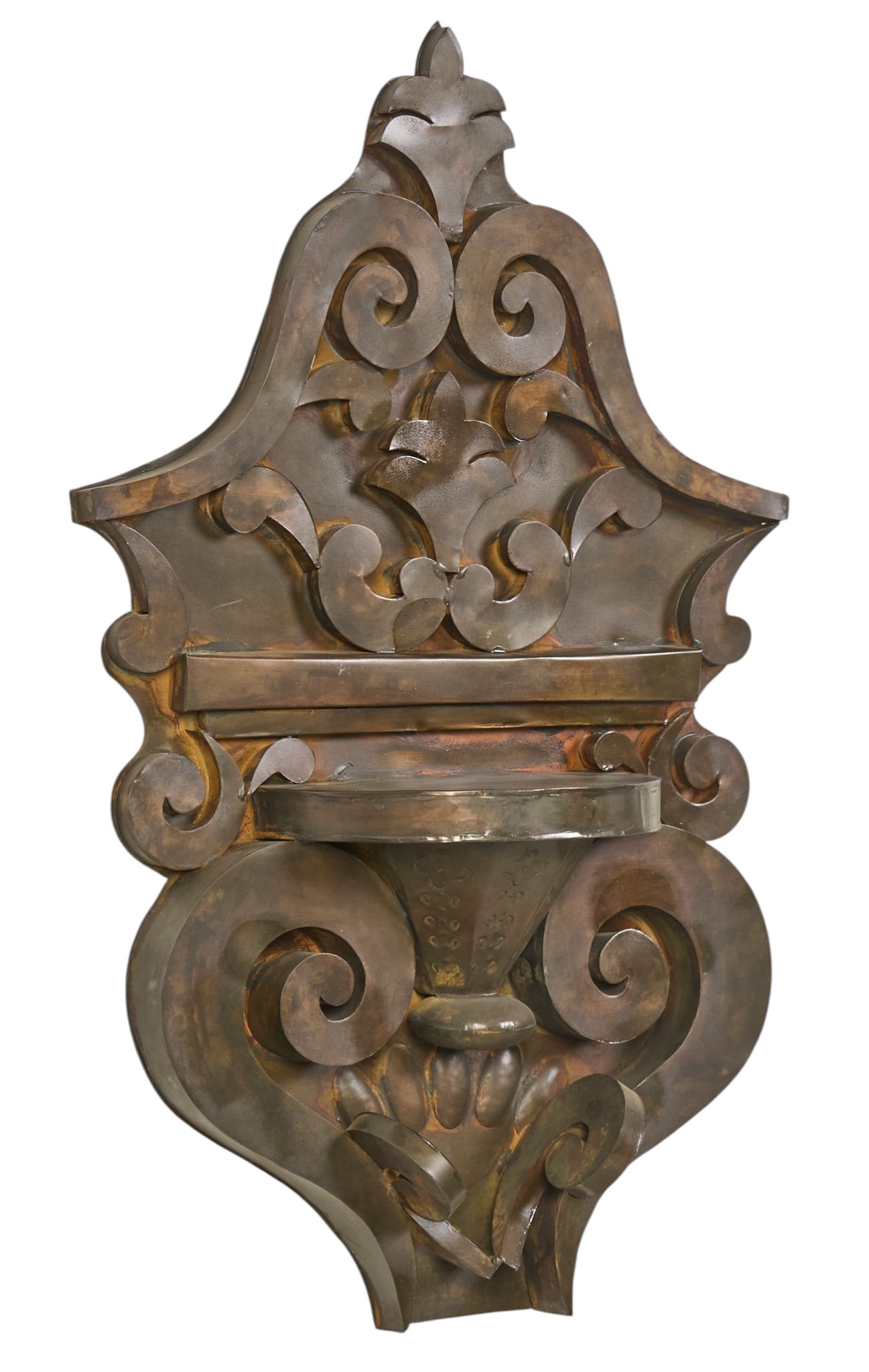 Decorative Copper Wall Fountain: Decorative copper wall fountain with ornate scroll detailsheight 34 in. x width 21 in. x depth 6 in. Provenance: The Estate collection of late teacher and humanitarian Douglas Rhodenbaugh, from