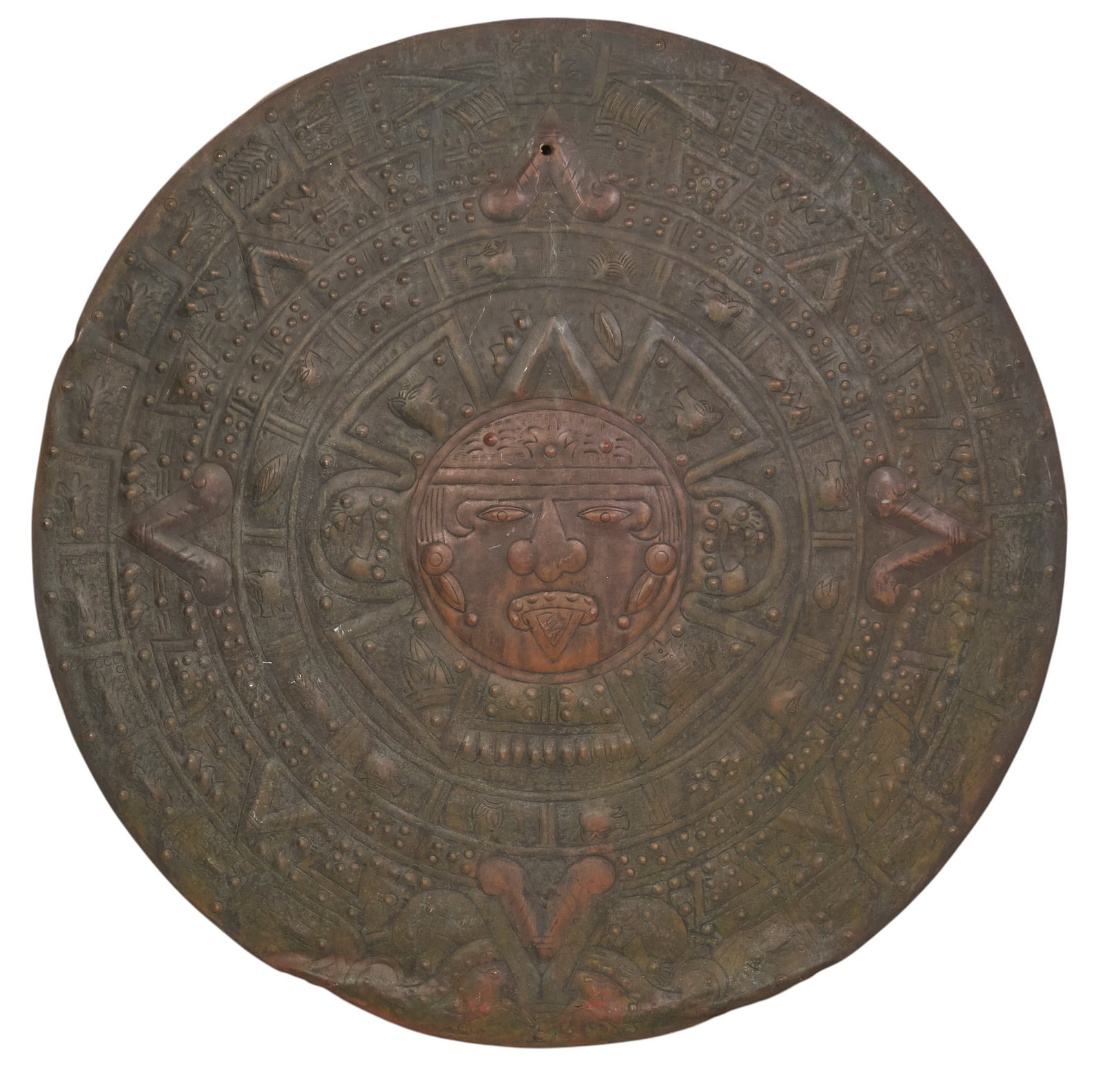 Vintage Piedra de Sol Copper Replica: Vintage hand-hammered copper wall plaque with design replicating the Aztec Calendar Stone, also known as the Piedra del Sol, circa mid 20th century diameter 40 in. x depth 3 in. 
