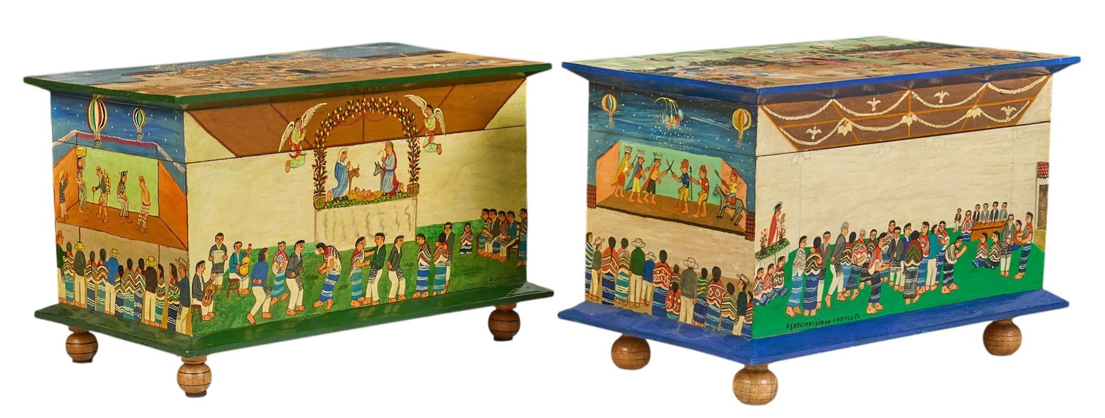 Pair of Painted Guatemalan Wedding Trunks: Pair of painted Guatemalan trunks depicting wedding scenes with colorful folk art style paintings on all sides and the lid, raised on turned feet, circa late 20th to early 21st century heig