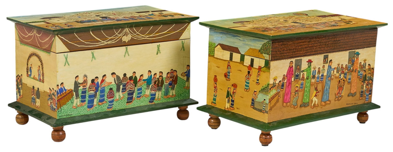 Pair of Painted Guatemalan Trunks: Pair of painted Guatemalan trunks depicting figural scenes with colorful folk art style paintings on all sides and the lid, raised on turned feet, circa late 20th to early 21st century heig
