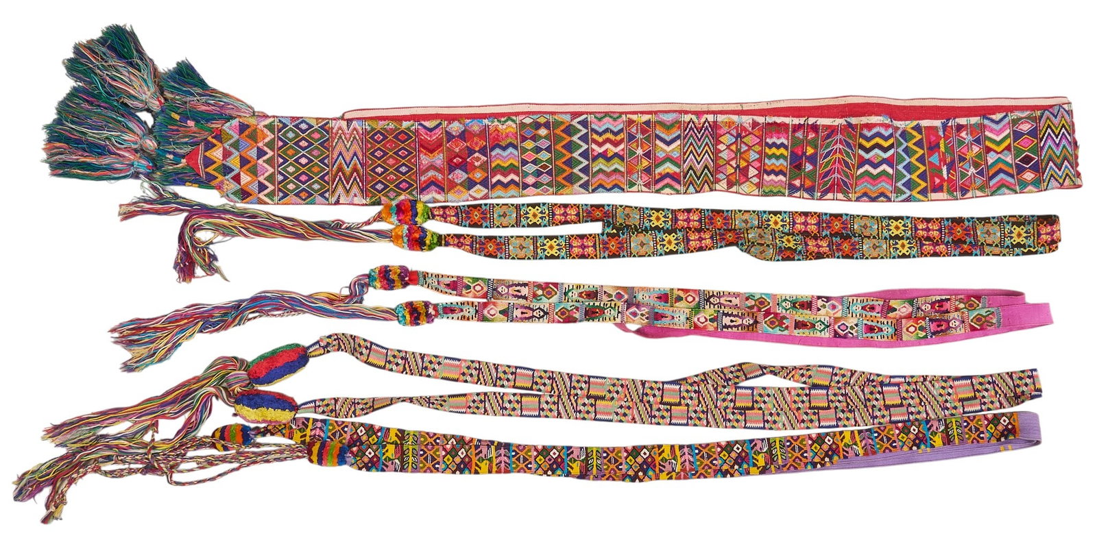 (5) Woven Guatemalan Fajas: Collection of five woven Guatemalan fajas (belts), featuring unique geometric patterns and vibrant colors length 120 in. x width 4.5 in. / largest Provenance: The Estate collection of late teacher and