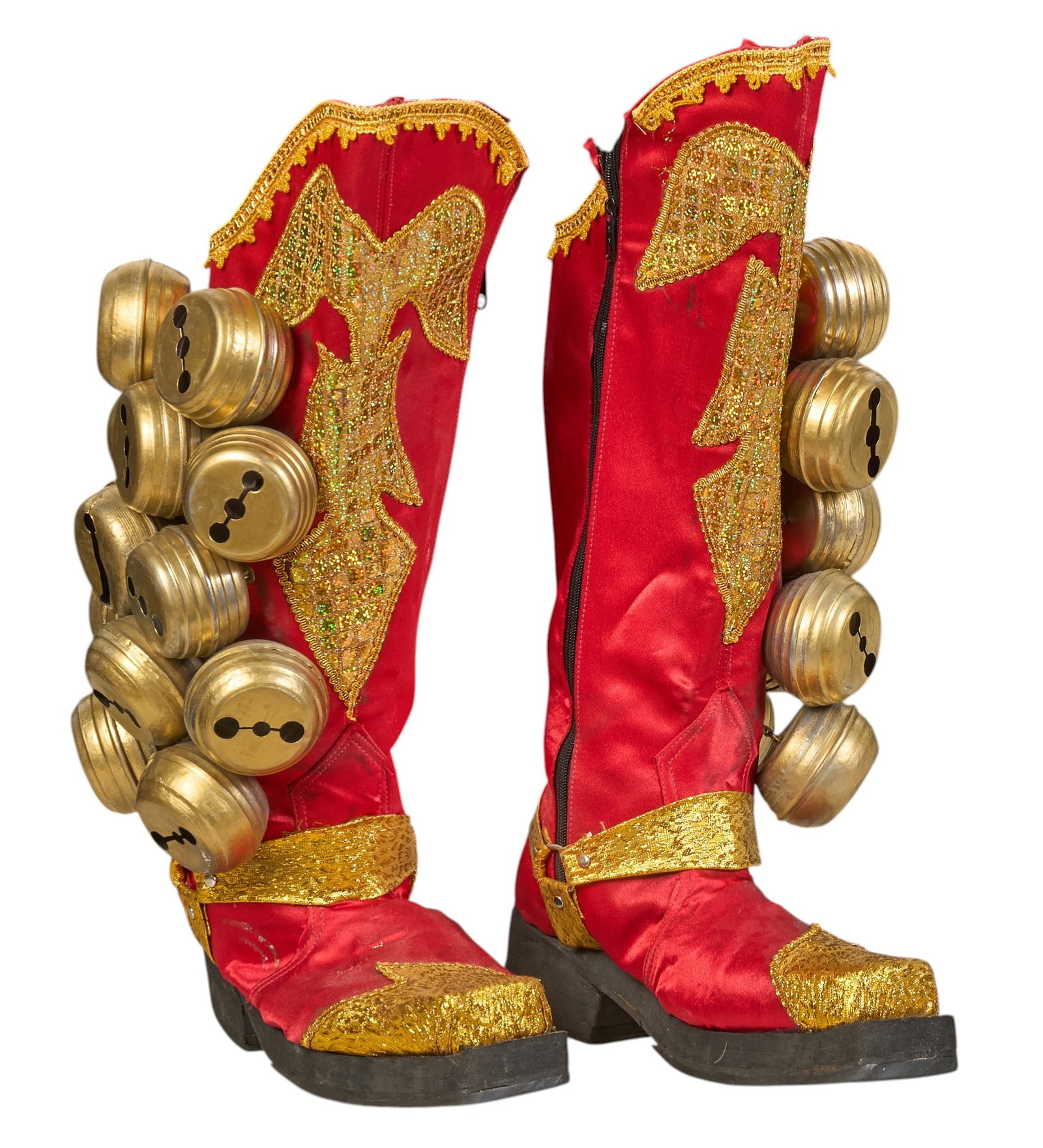 Pair of Latin American Carnival Boots: Pair of custom made Latin American carnival dance shoots, of red satin with gold sequins, and metal jingle bells, approximately men's size 10 height 20 in. x width 7 in. x depth 12 in. / each Provenan