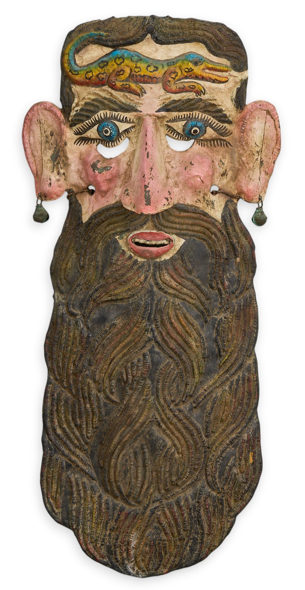 Antique Mexican Copper Barbones Mask: Antique Mexican (Guerrero) hand-shaped and painted copper Barbones (bearded man) mask with repousse method detailing, and bell earrings, circa late-19th-to-early 20th century height 16 in. x width 11