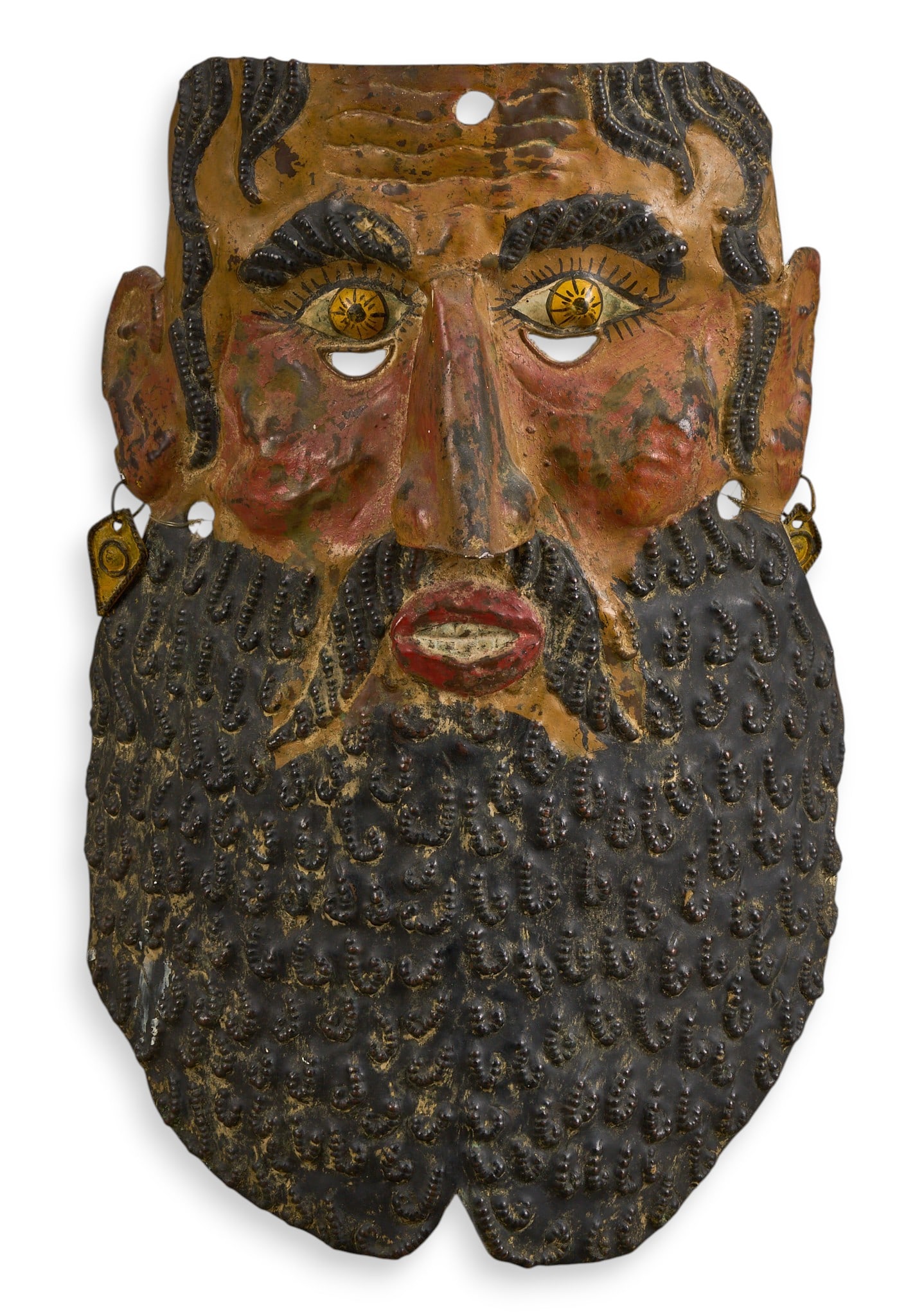 Antique Mexican Barbones Copper Mask:  Antique Mexican (Guerrero) hand-shaped and painted copper Barbones (bearded man) mask with repousse method detailing, circa late-19th-to-early 20th century height 16 in. x width 11 in. x depth 4