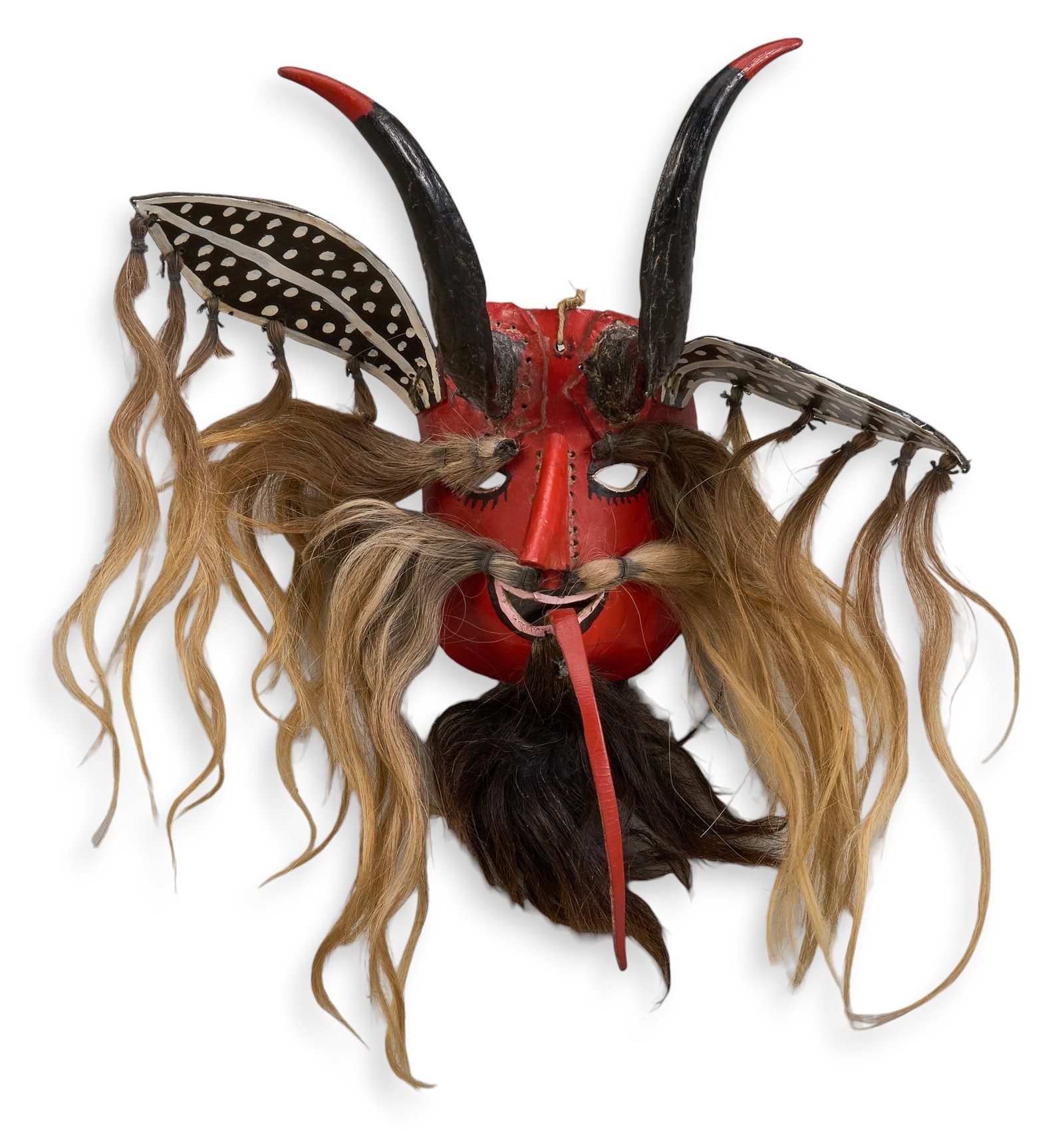 Vintage Mexican Nagual Dance Mask: Vintage Mexican folk art nagual (from Nahuatl word nahualli meaning "shaman in disguise") dance mask, hand-painted stiff leather construction, with&