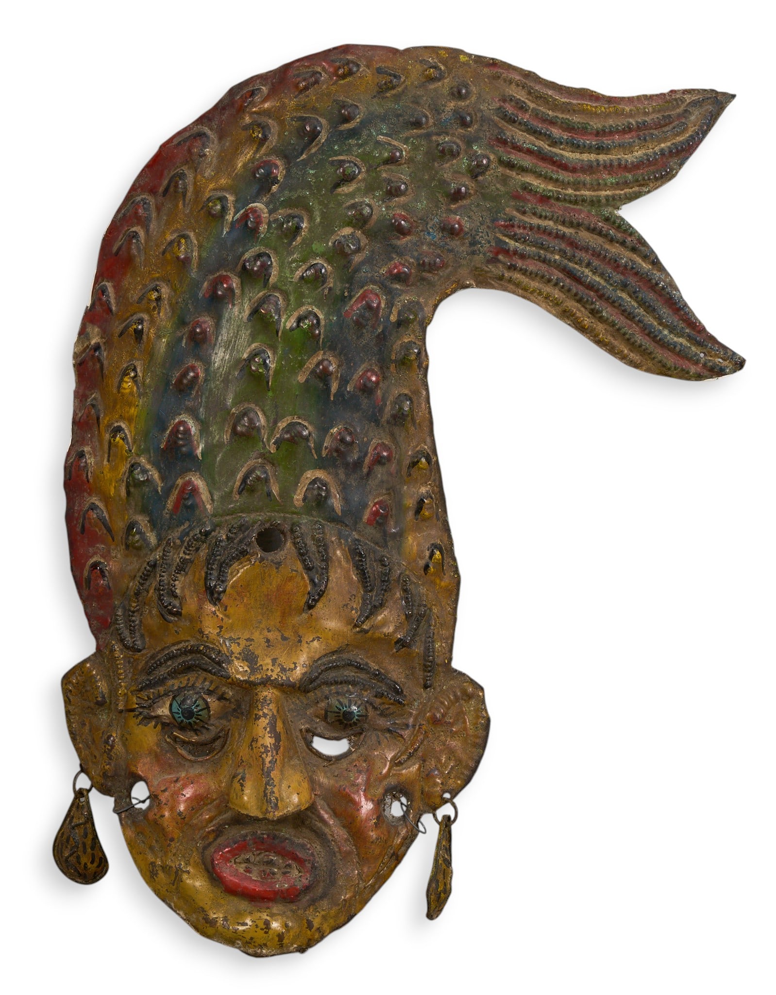Mexican Copper Sirena Mask:  Antique Mexican (Guerrero) hand-shaped and painted copper sirena (mermaid) mask with repousse method detailing, circa late-19th-to-early 20th century height 15.5 in. x width 12.5 in. x depth 3 i