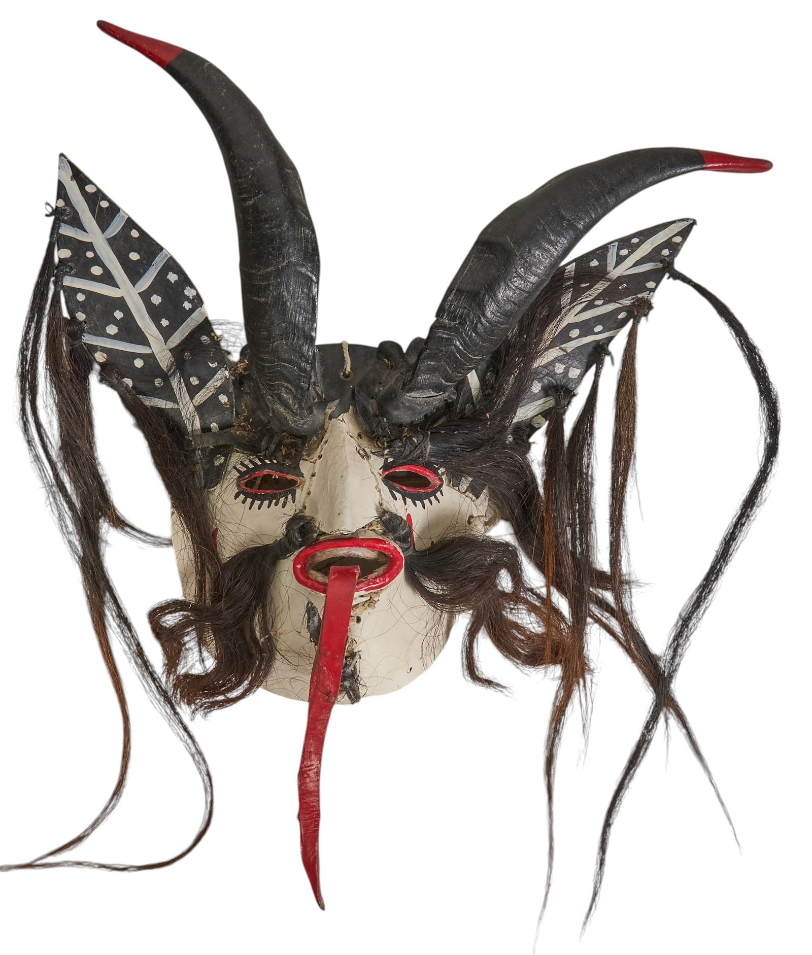 Vintage Mexican Nagual Dance Mask: Vintage Mexican folk art nagual (from Nahuatl word nahualli meaning "shaman in disguise") dance mask, hand-carved and painted, with painted animal h