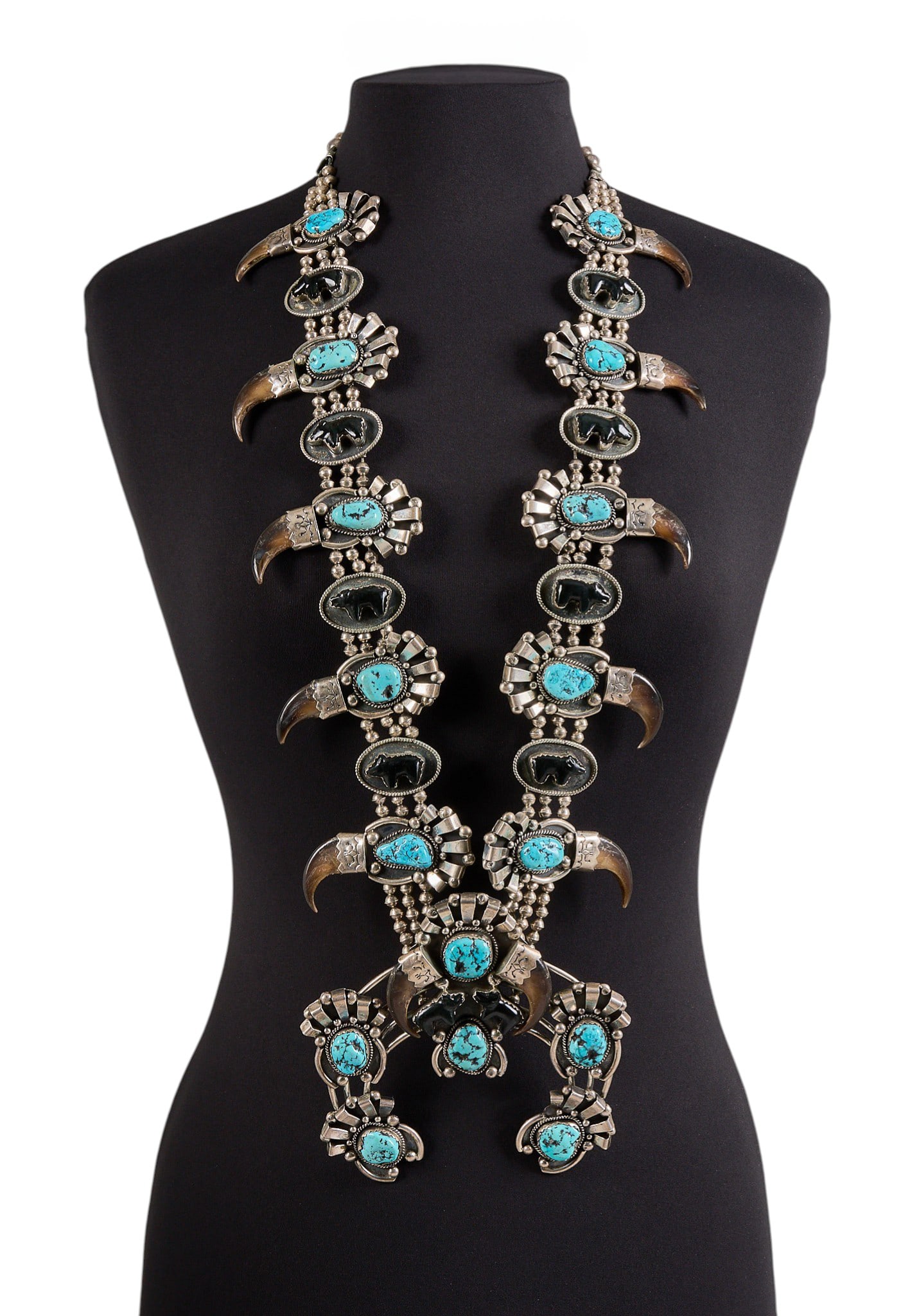 Substantial Turquoise, Onyx, and Bear Claw Squash Blossom (1 of 2)