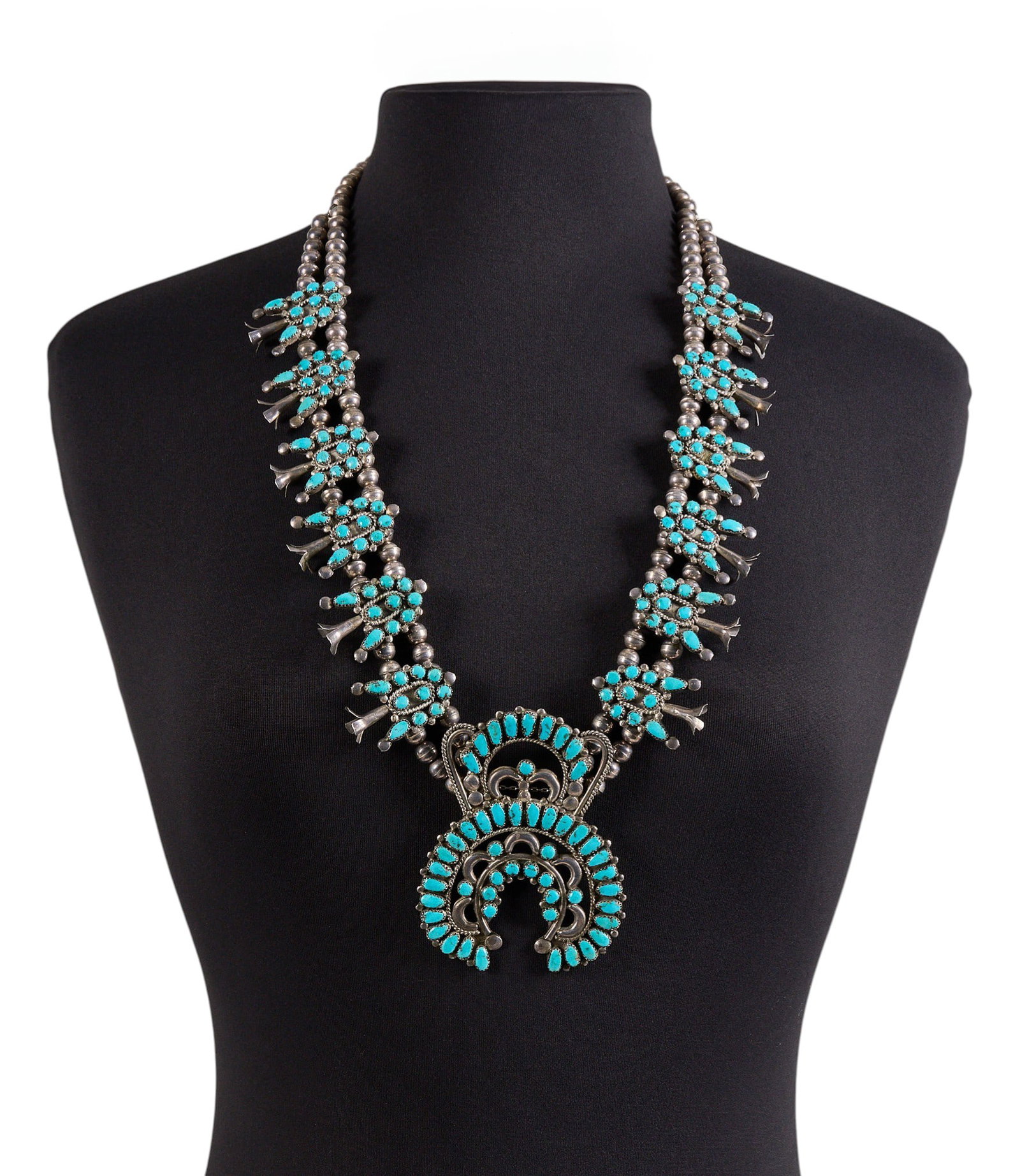 L&L Weebothee, Vintage Zuni Turquoise Cluster Squash Blossom (1 of 3)