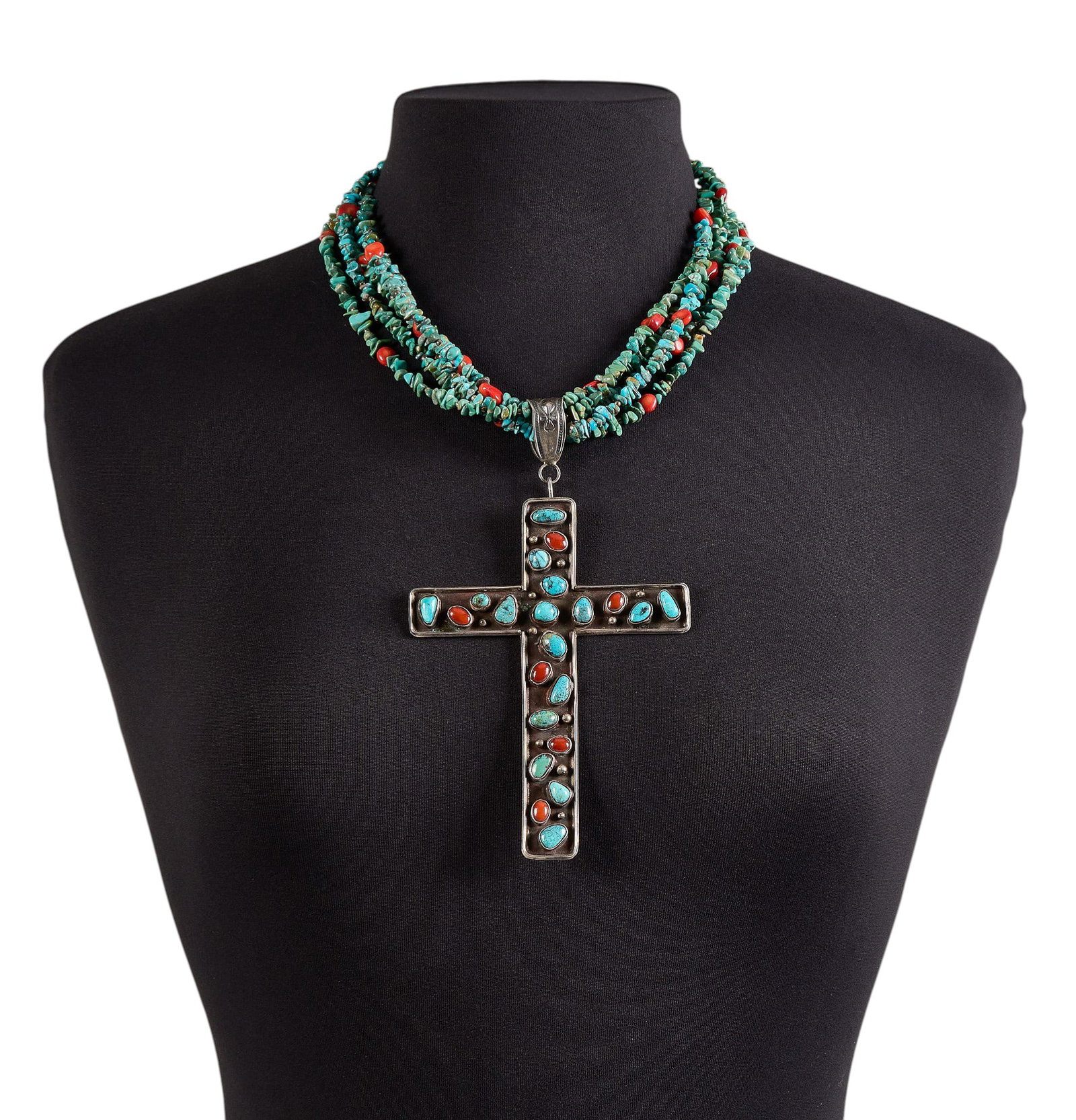 Turquoise & Coral Beaded Cross Necklace (1 of 2)