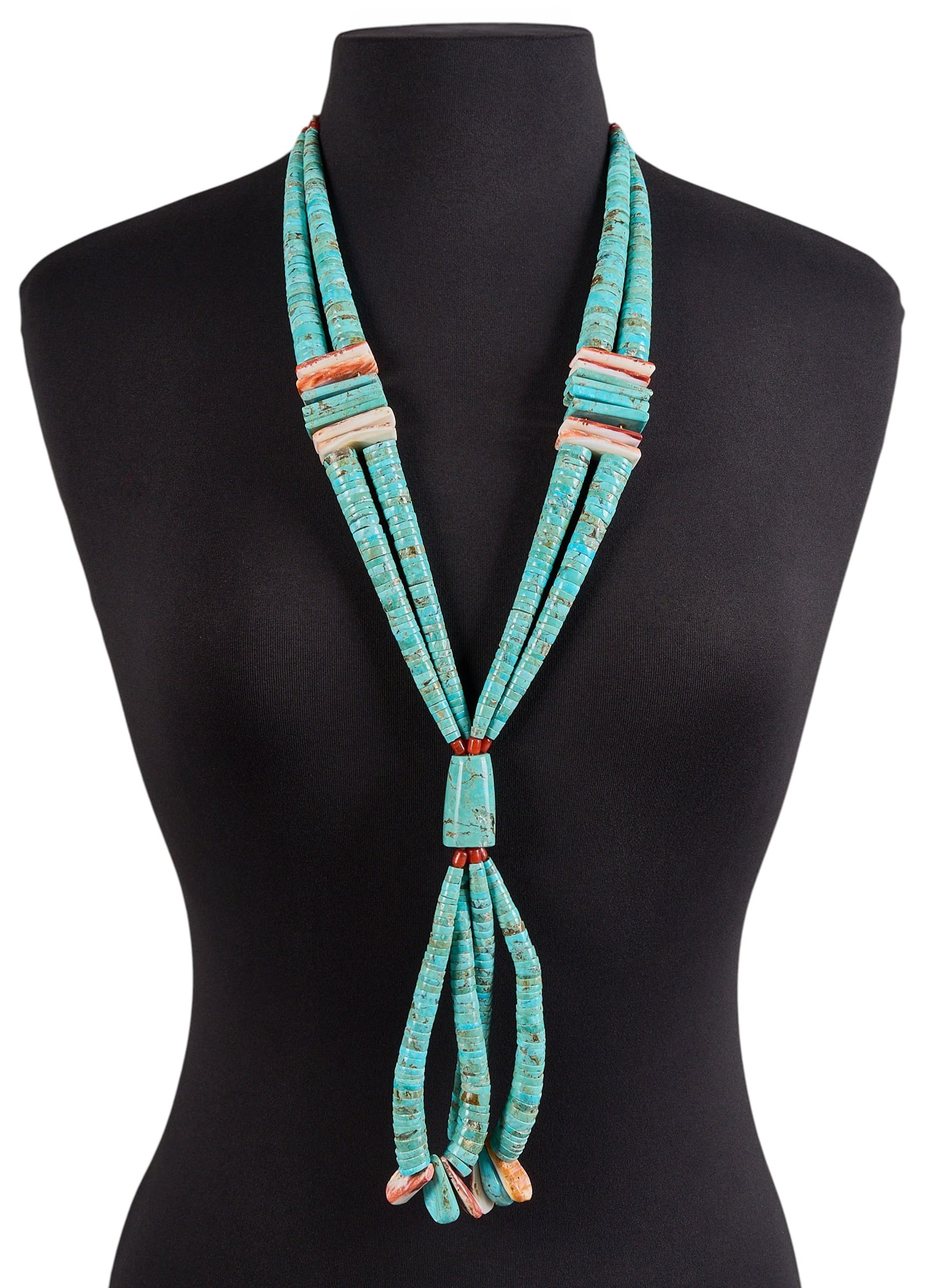 Santo Domingo Heishi Beaded Necklace: Santo Domingo heishi beaded necklace, with turquoise, coral, and shell flat beads Length: 44 in. Total weight: 345.9 g Provenance: Property from the personal archive of a life-long collector of histor