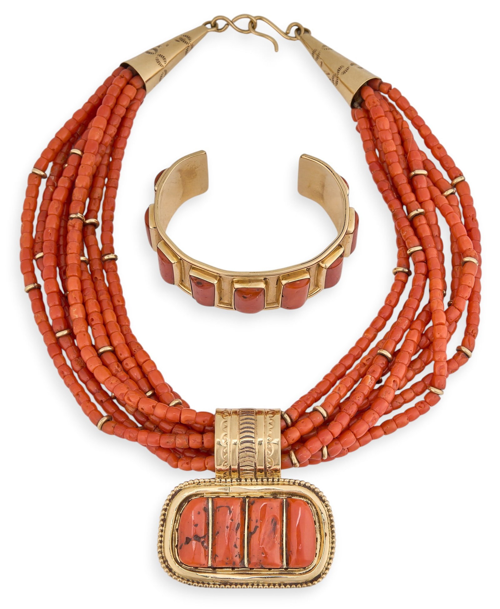 Wayne Aguilar, 14K Coral Necklace and Cuff Set: Wayne Aguilar (Kewa), 14K yellow gold necklace and cuff bracelet set, each set with coral cabochons and beadwork, with hand-stamped details throughout, both marked "14K", and stamped with Ag