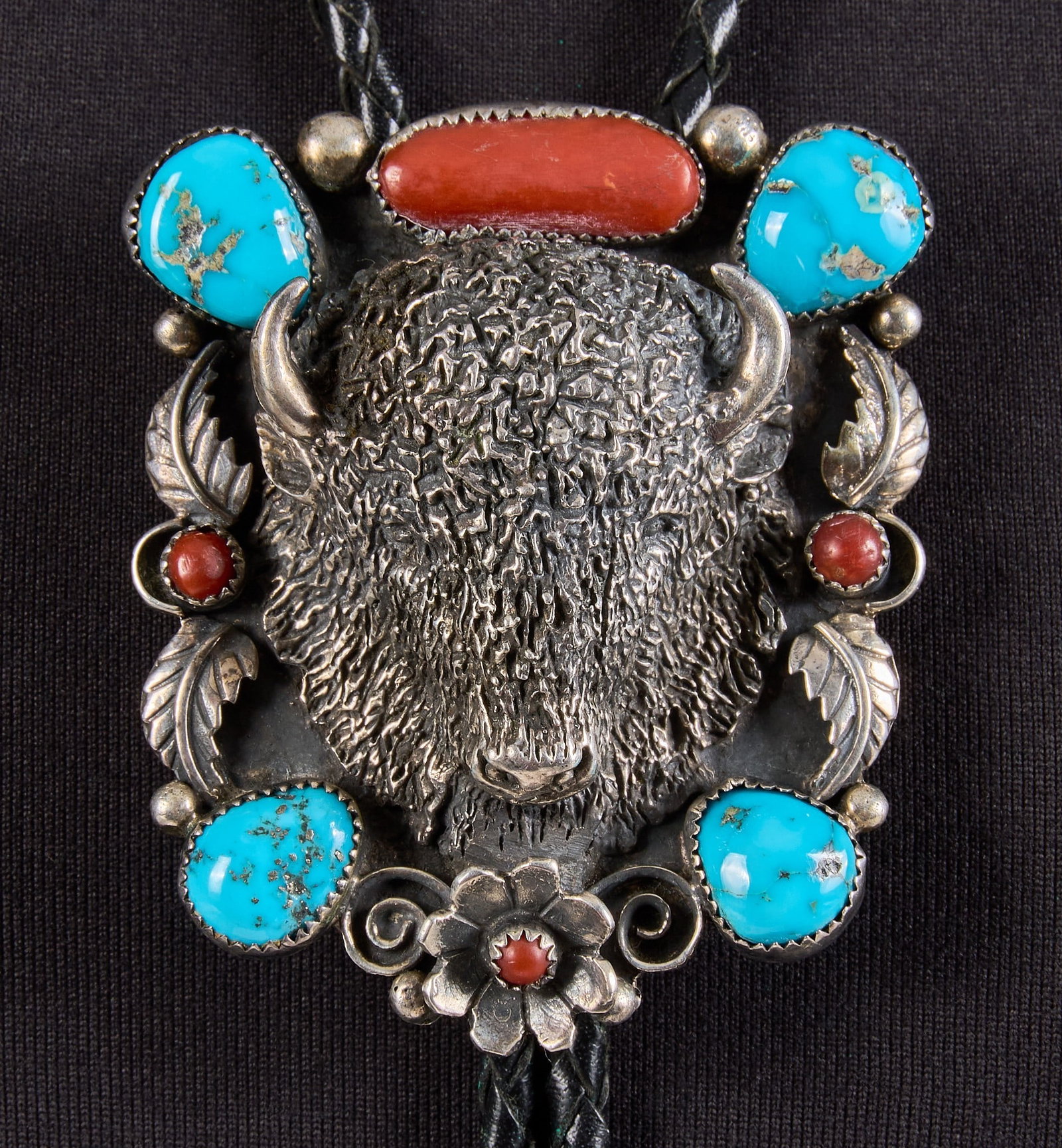 Sterling Silver Turquoise & Coral Buffalo Bolo (1 of 4)