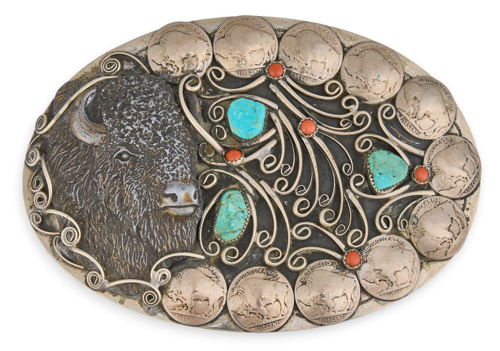 Substantial Silverplate Buffalo Nickel Buckle: Substantial Native American silverplate buckle, set with turquoise and coral details, with large buffalo head motif, and Buffalo nickels to outer edge, signed to reverse Size: 6 in. x 4 in. Total weig
