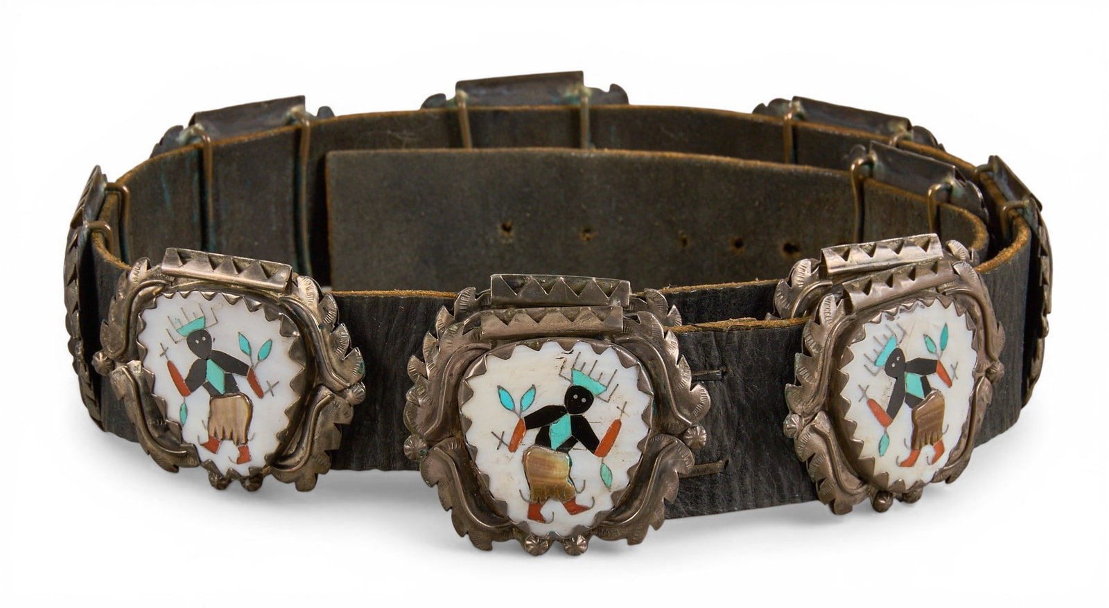 Zuni Sterling & Multi-Stone Inlay Concho Belt: Zuni sterling silver concho belt, with ten conchos and buckle on black leather belt, each set with multi-stone inlay depicting traditional Zuni figural motifs, featuring mother of pearl, turquoise, co