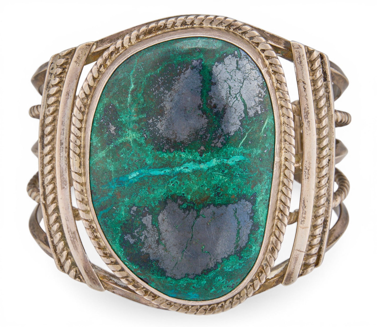 Native American Sterling & Hardstone Cuff: Native American sterling silver cuff bracelet, set with single large hardstone, featuring twisted rope motifs, marked to reverse Circumference: 7.25 in. Total weight: 4.695 ozt Provenance: Proper