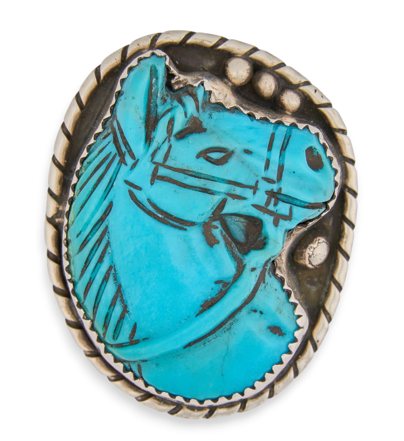 Francisco Gomez, Sterling & Carved Turquoise Horse Ring: Francisco Gomez, sterling silver ring set with carved turquoise horse motif, with twisted rope motif to border, marked "G Sterling" Size: 8.5Total weight: 0.695 ozt Provenance: Property from