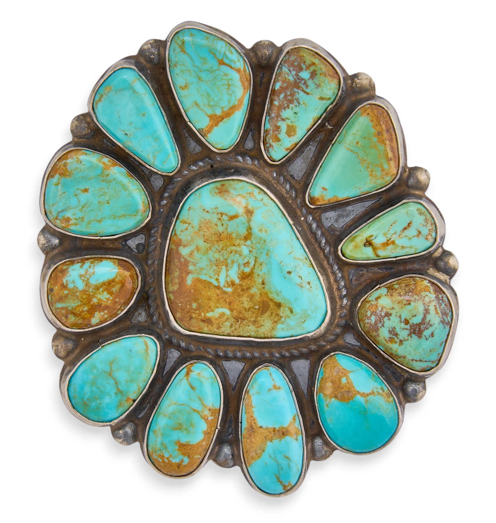 Anthony Skeets, Navajo Sterling & Turquoise Flower Ring: Anthony Skeets, Navajo sterling silver ring set with turquoise cabochons in a floral motif, featuring twisted rope motif, signed "Anthony Skeets Sterling" Size: 9 Total weight: 1.115 ozt Pro