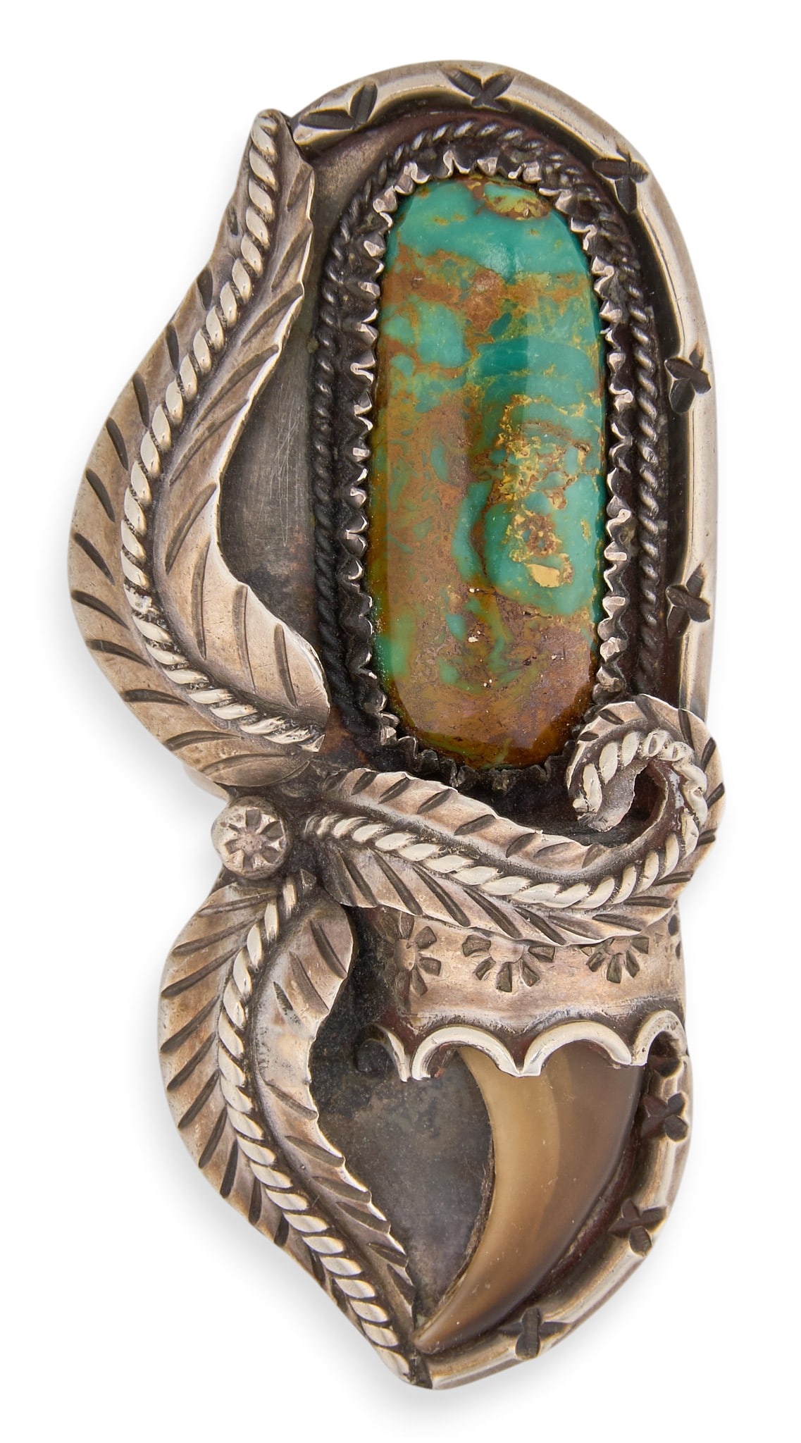 Native American Sterling & Turquoise Ring: Native American Casa Kakiki sterling silver ring, set with turquoise cabochon, featuring feather motif and bear claw detail, signed Size: 10.5 Total weight: 0.845 ozt Provenance: Property from the per