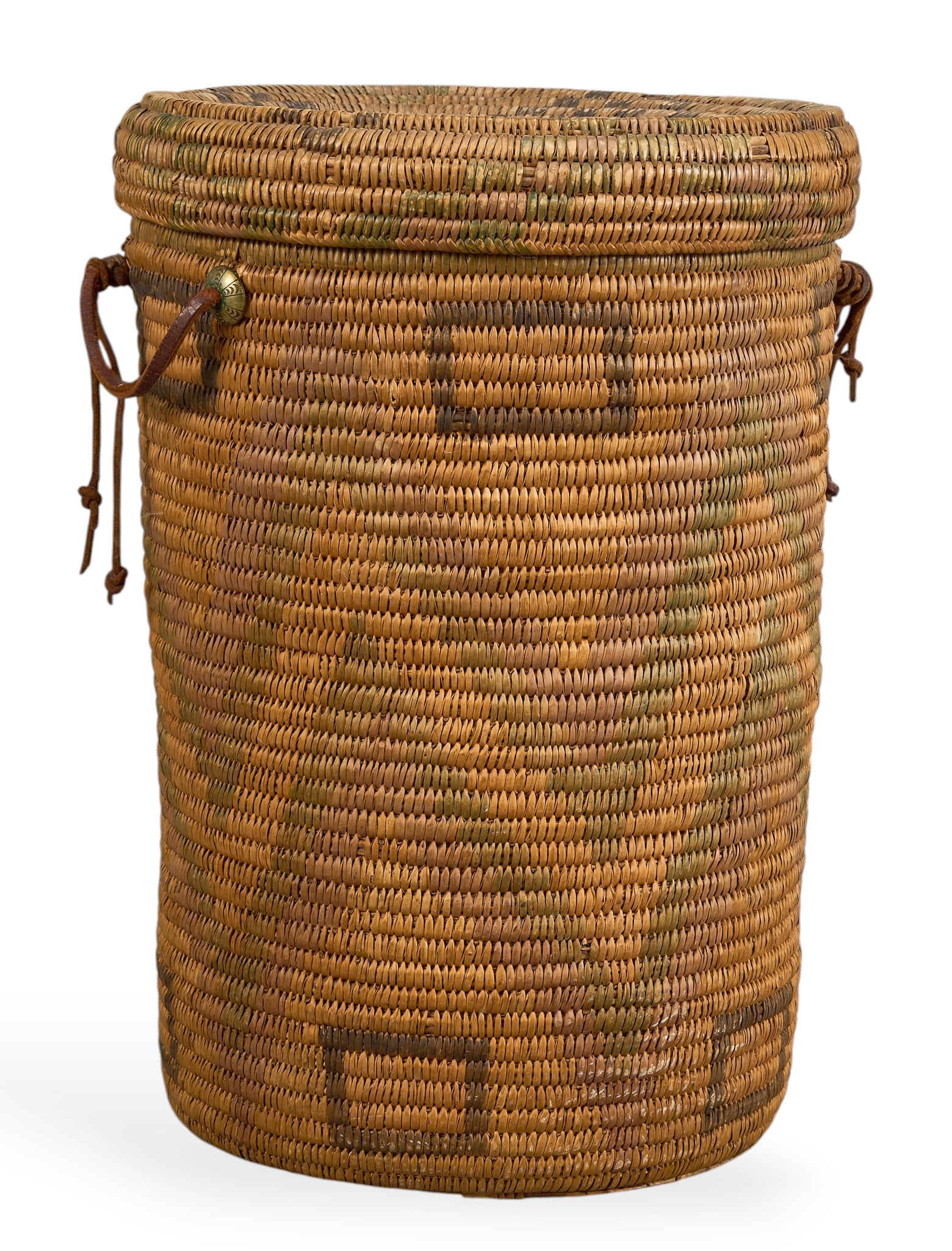 Apache Woven Basket with Lid: Apache woven vessel with lid, featuring geometric designs in dark brown and tan, with handles to sidesheight 17.5 in. x width 12.5 in. x depth 12 in.Provenance: Property from the personal