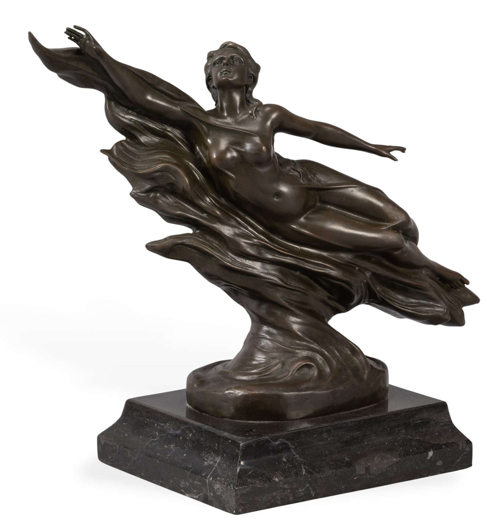 After Charles Louchet, Female Bronze: Bronze recast after Charles Louchet (1854-1936, France) depicting draped female nude supported by stylized cloud, on marble base, incised signature height 13.5 in. x width 15 in. x depth 7 in. Pr
