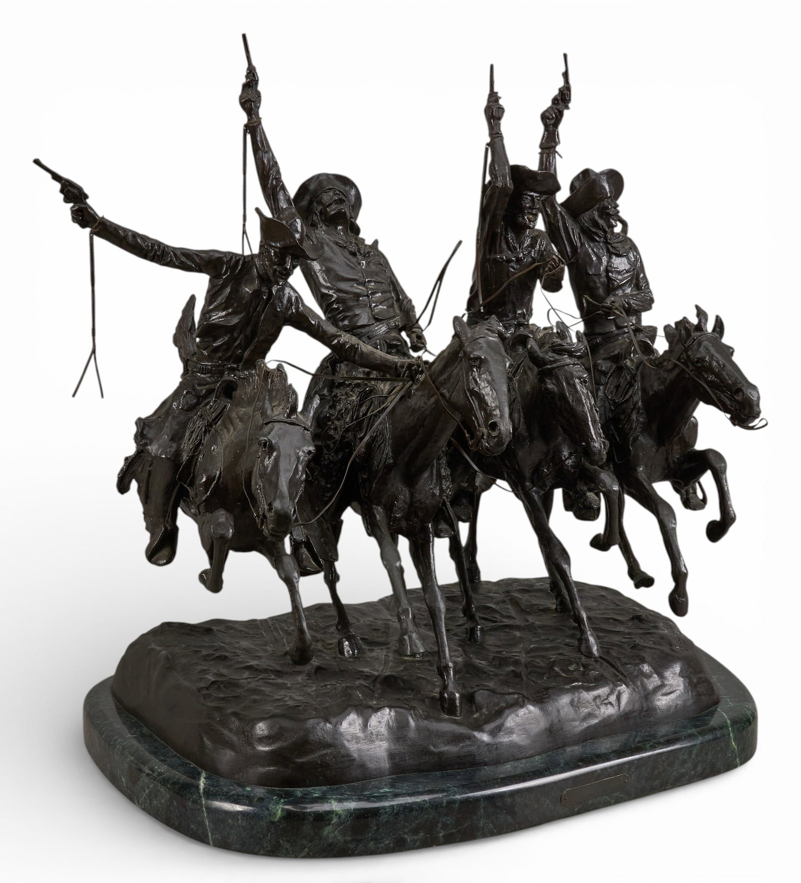 After Frederic Remington, "Comin' Thru the Rye": After Frederic Remington (Amer., 1861-1909), "Comin' Thru the Rye", bronze recast sculpture on stone base, high quality foundry casting height 30 in. x width 28 in. x depth 25 in. (inclu