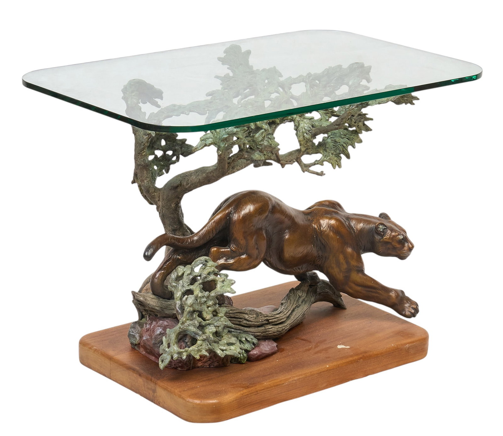 Daniel Parker, Mountain Lion Accent Table: Daniel Ray Parker (Amer., b. 1959), mountain lion bronze base accent table, artist-cast bronze with incised signature and edition number 10/49, with custom beveled glass top height 22 in. x width 32