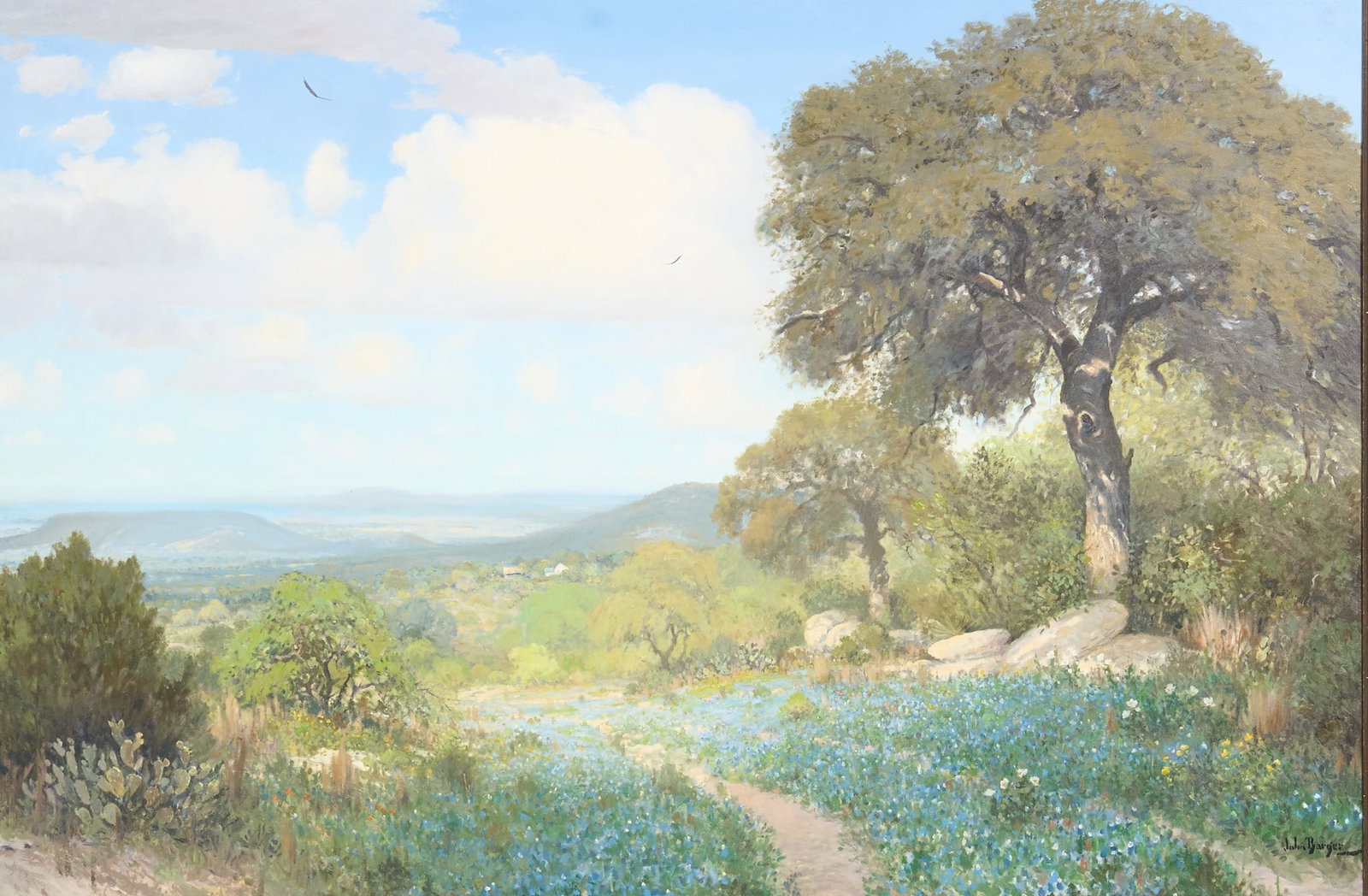 John Barger, "A Time to Cherish": John Barger (Texas, b. 1953), "A Time to Cherish", bluebonnet landscape, oil on canvas, signed lower right sight: 40 x 60 in., frame: 48.5 x 68 in. Provenance: Originally
